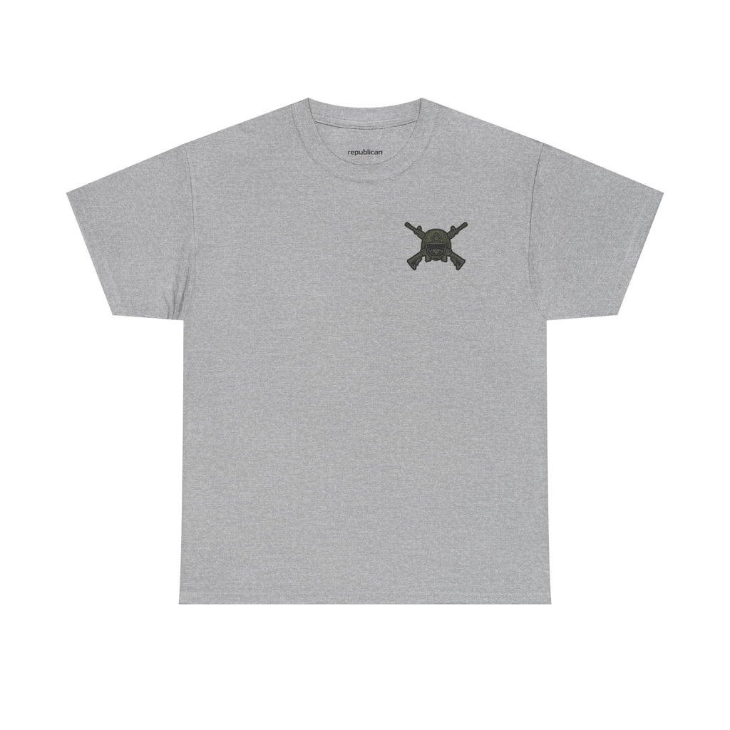 America First Graphic Tee — Patriotic Flag & Crossed Rifles Design