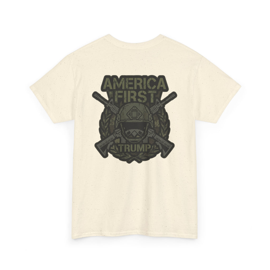 America First Graphic Tee — Patriotic Flag & Crossed Rifles Design