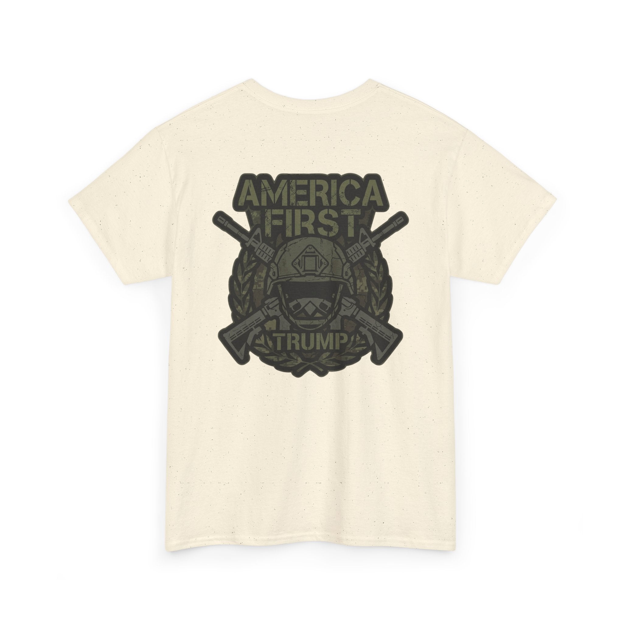 America First Graphic Tee — Patriotic Flag & Crossed Rifles Design