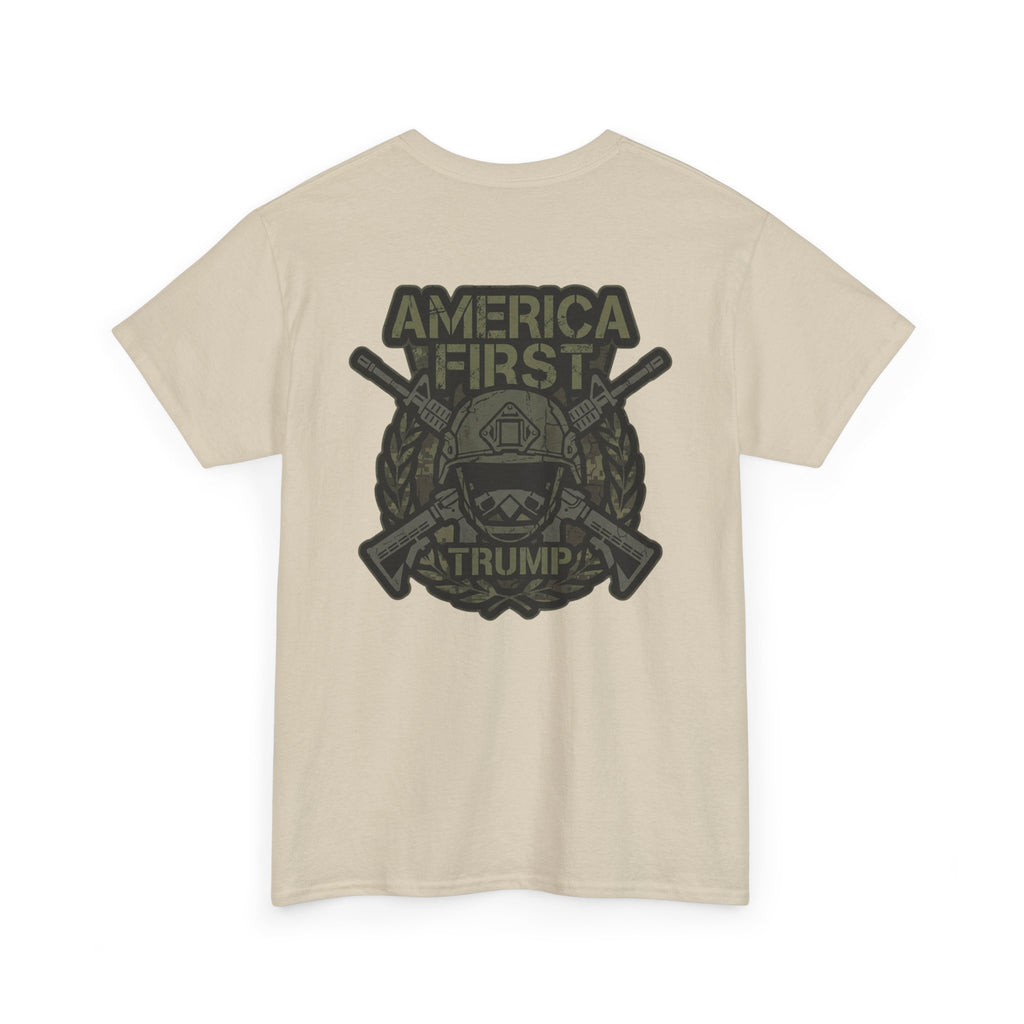 America First Graphic Tee — Patriotic Flag & Crossed Rifles Design