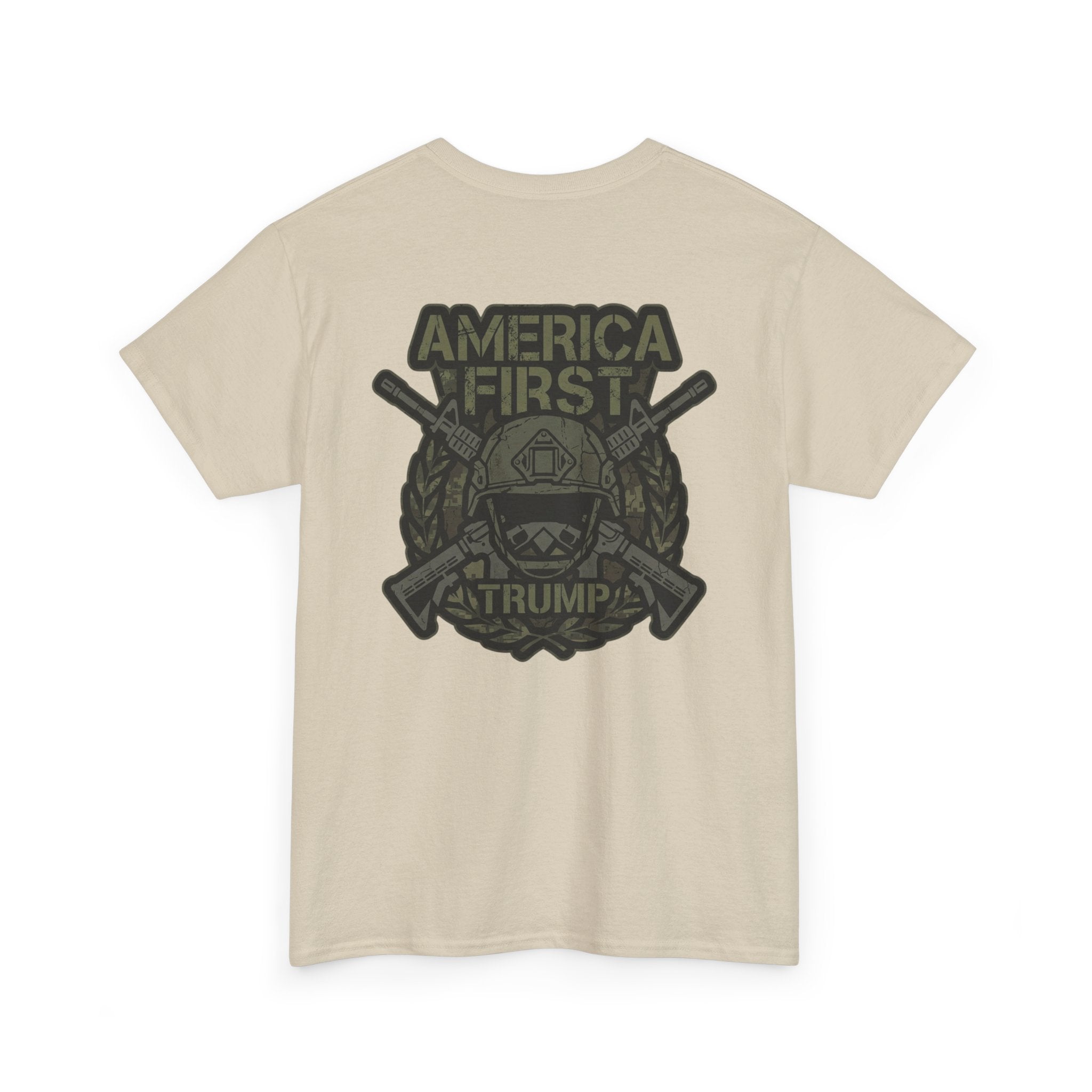 America First Graphic Tee — Patriotic Flag & Crossed Rifles Design