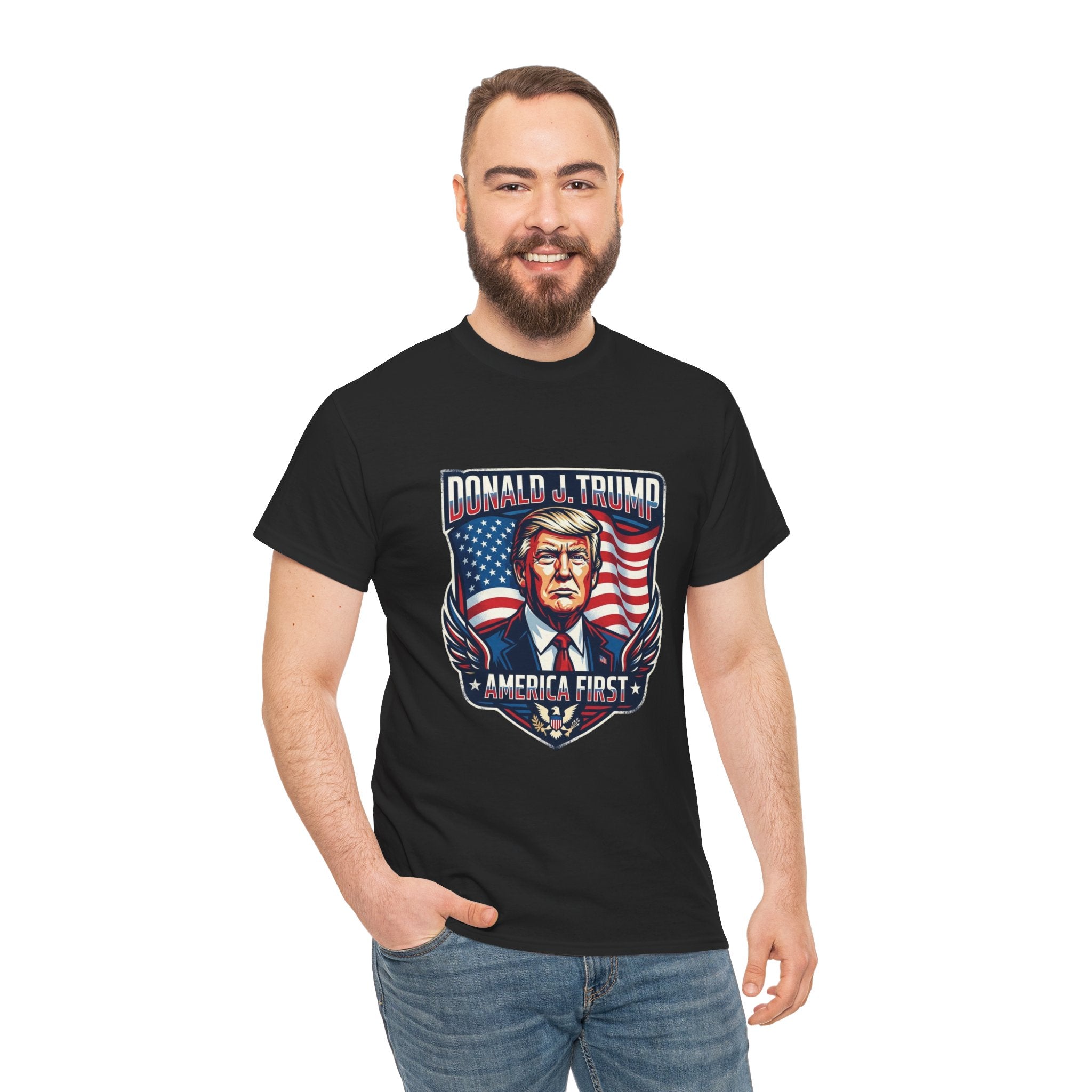 Political Graphic Tee — "America First" Patriotic President Portrait T‑Shirt