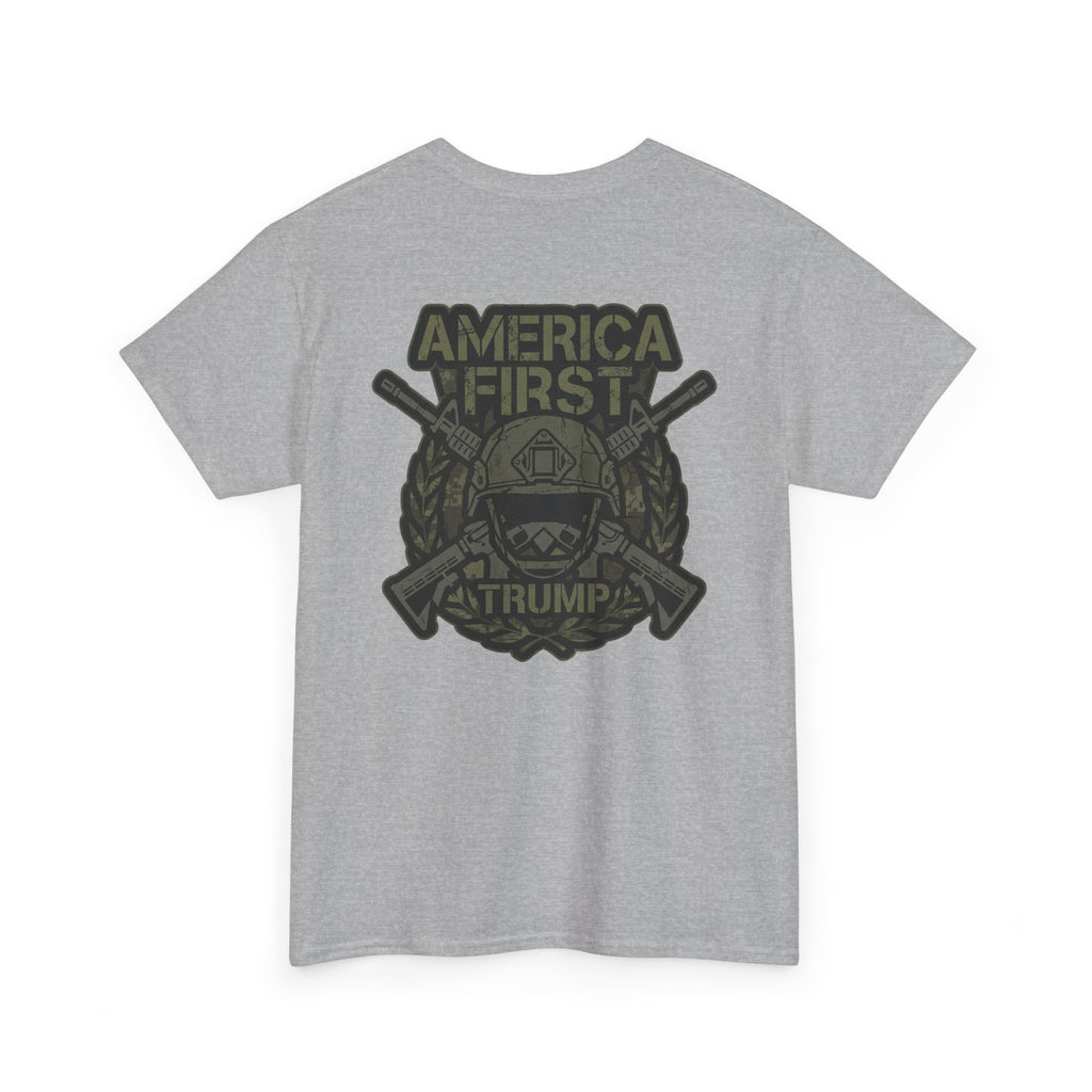 America First Graphic Tee — Patriotic Flag & Crossed Rifles Design