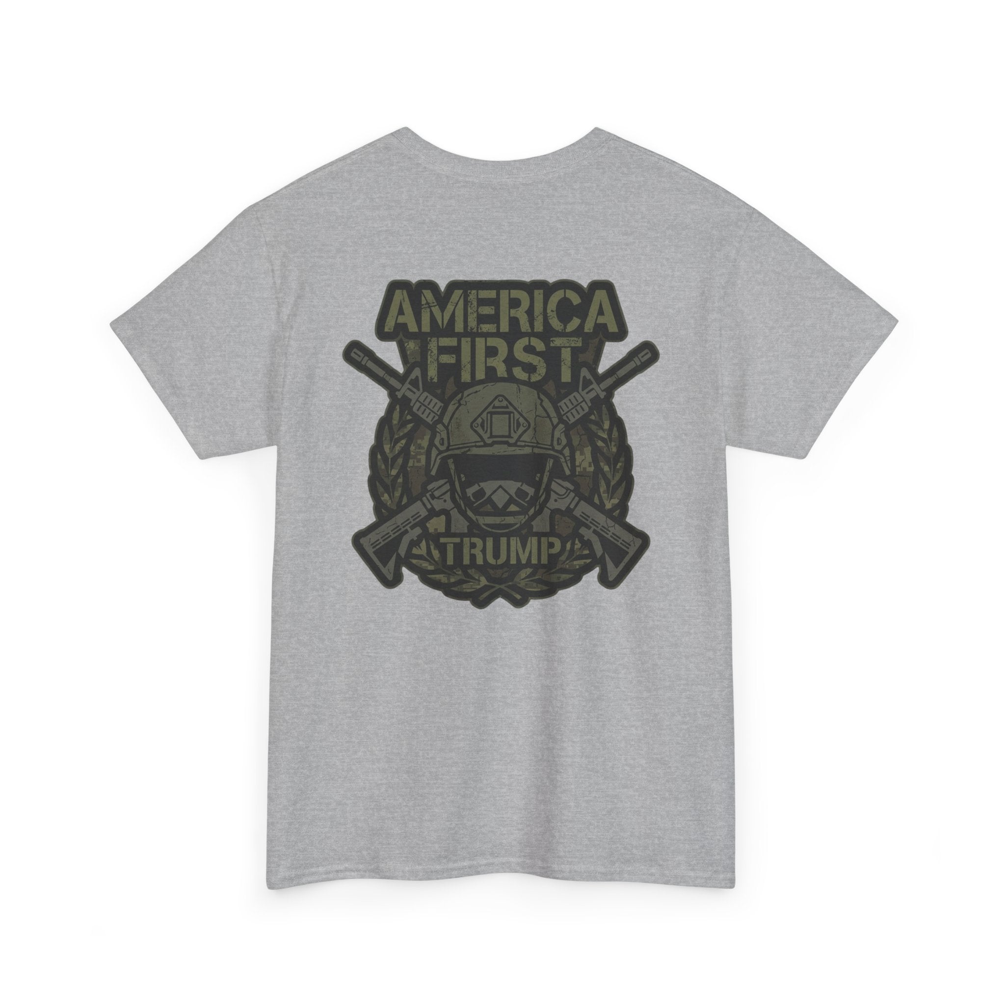 America First Graphic Tee — Patriotic Flag & Crossed Rifles Design
