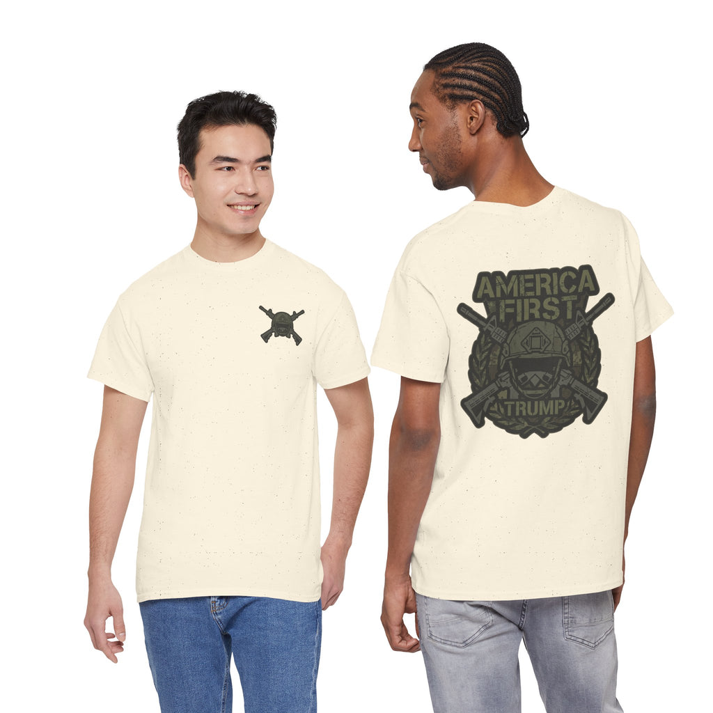 America First Graphic Tee — Patriotic Flag & Crossed Rifles Design