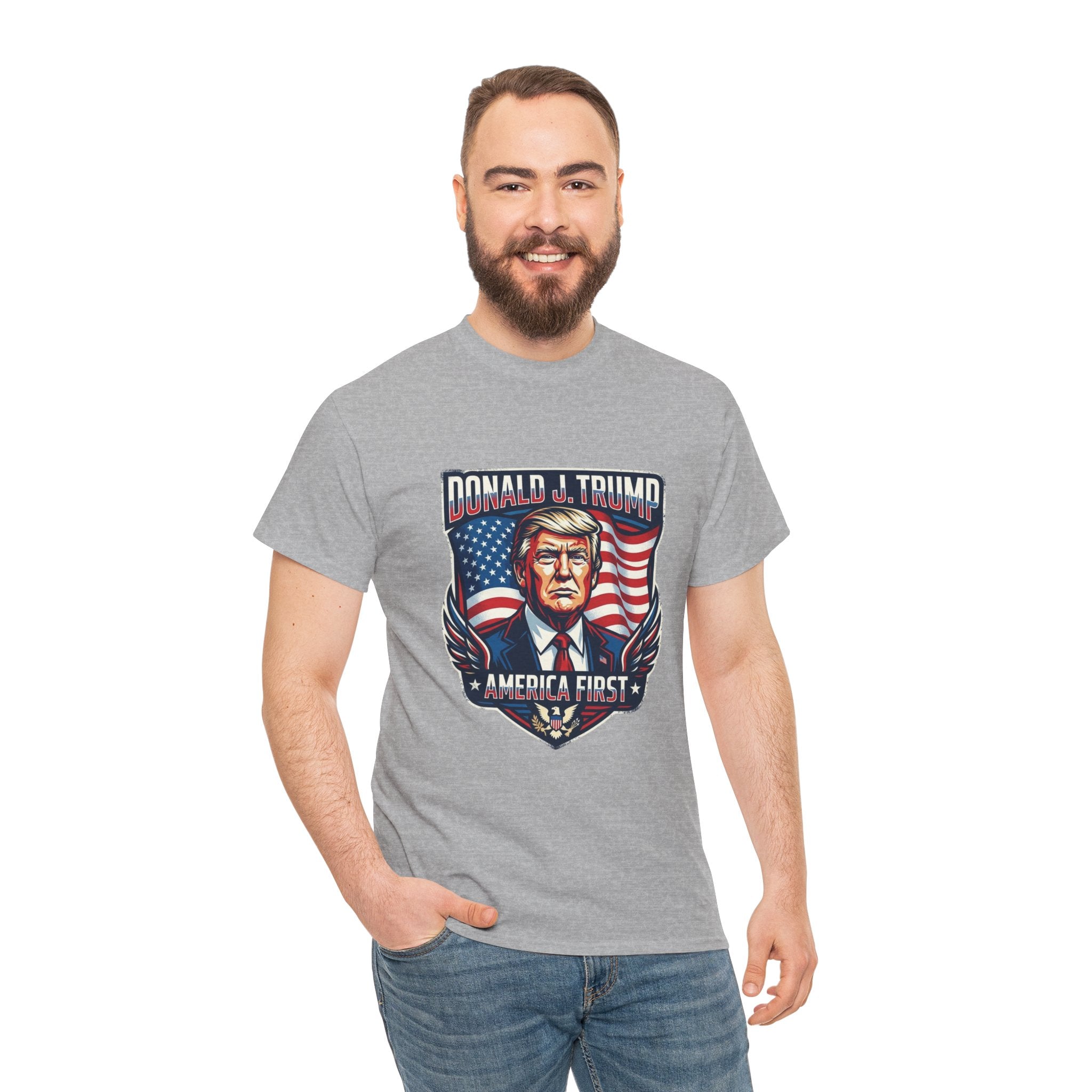 Political Graphic Tee — "America First" Patriotic President Portrait T‑Shirt