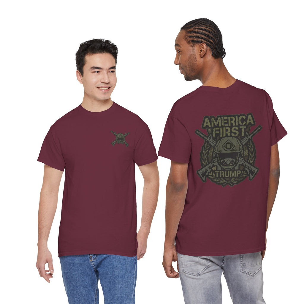 America First Graphic Tee — Patriotic Flag & Crossed Rifles Design