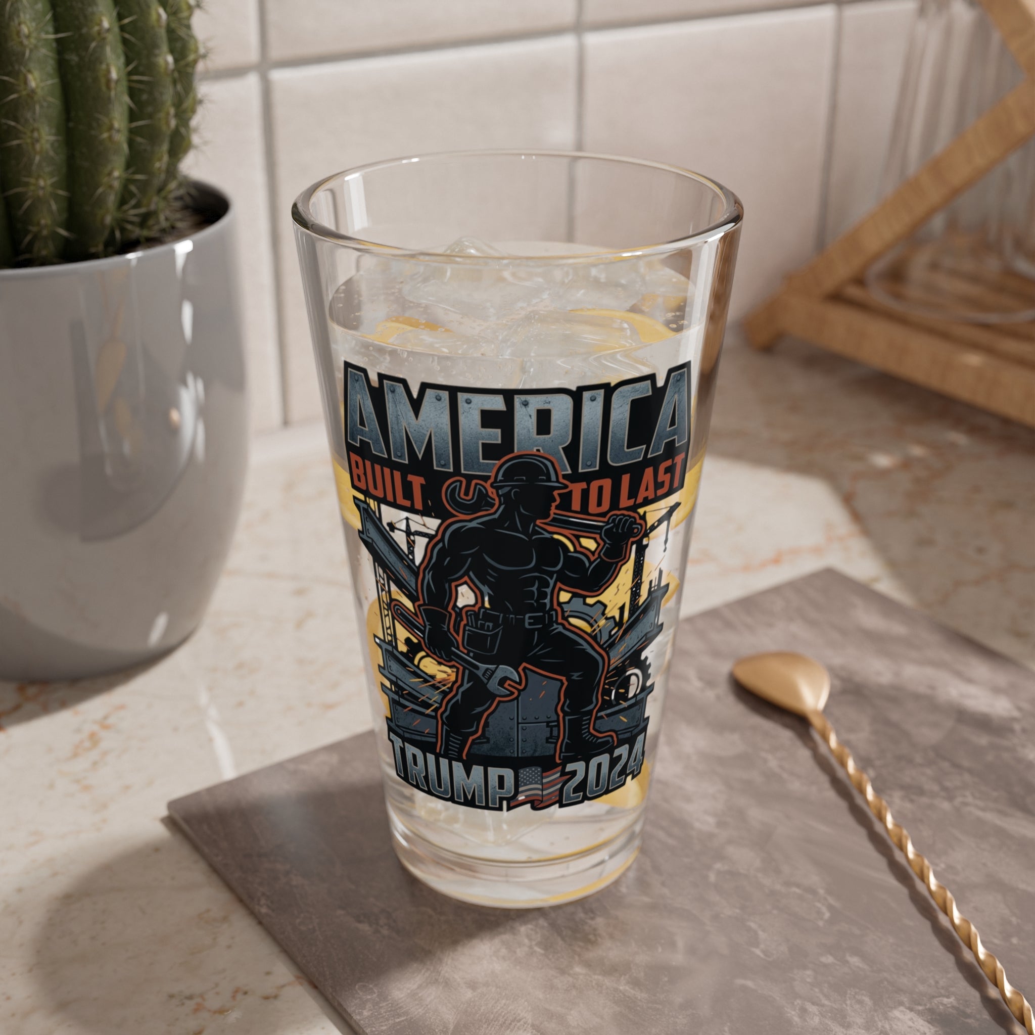 Mixing Glass — "America Built to Last" Patriotic Trump 2024 Pint Glass