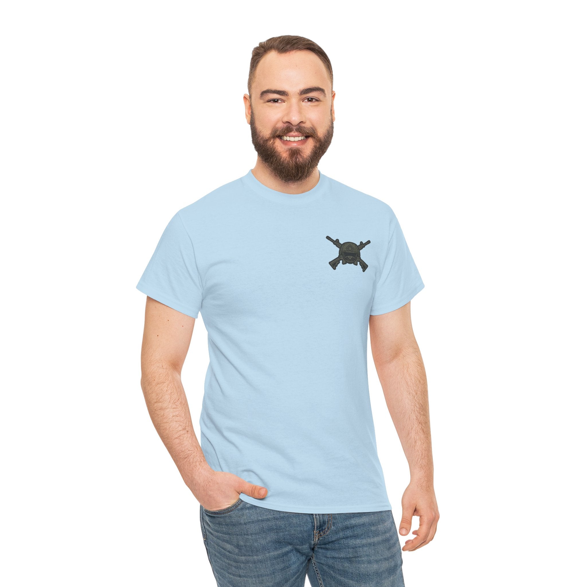 America First Graphic Tee — Patriotic Flag & Crossed Rifles Design