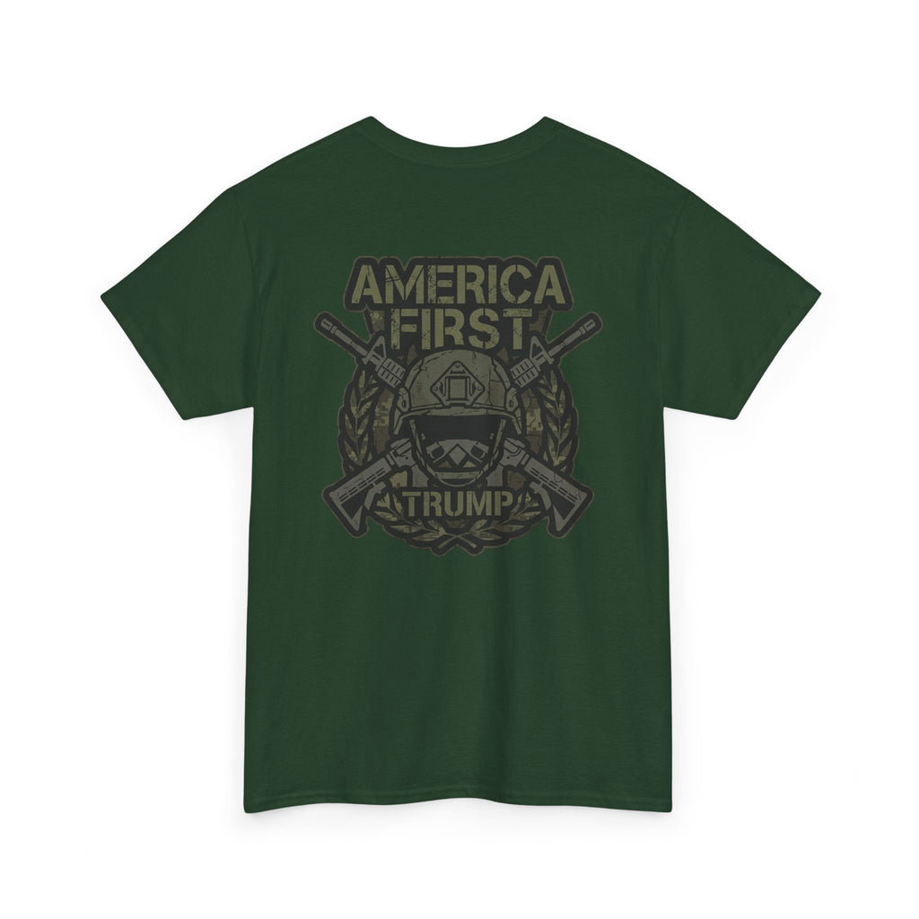 America First Graphic Tee — Patriotic Flag & Crossed Rifles Design