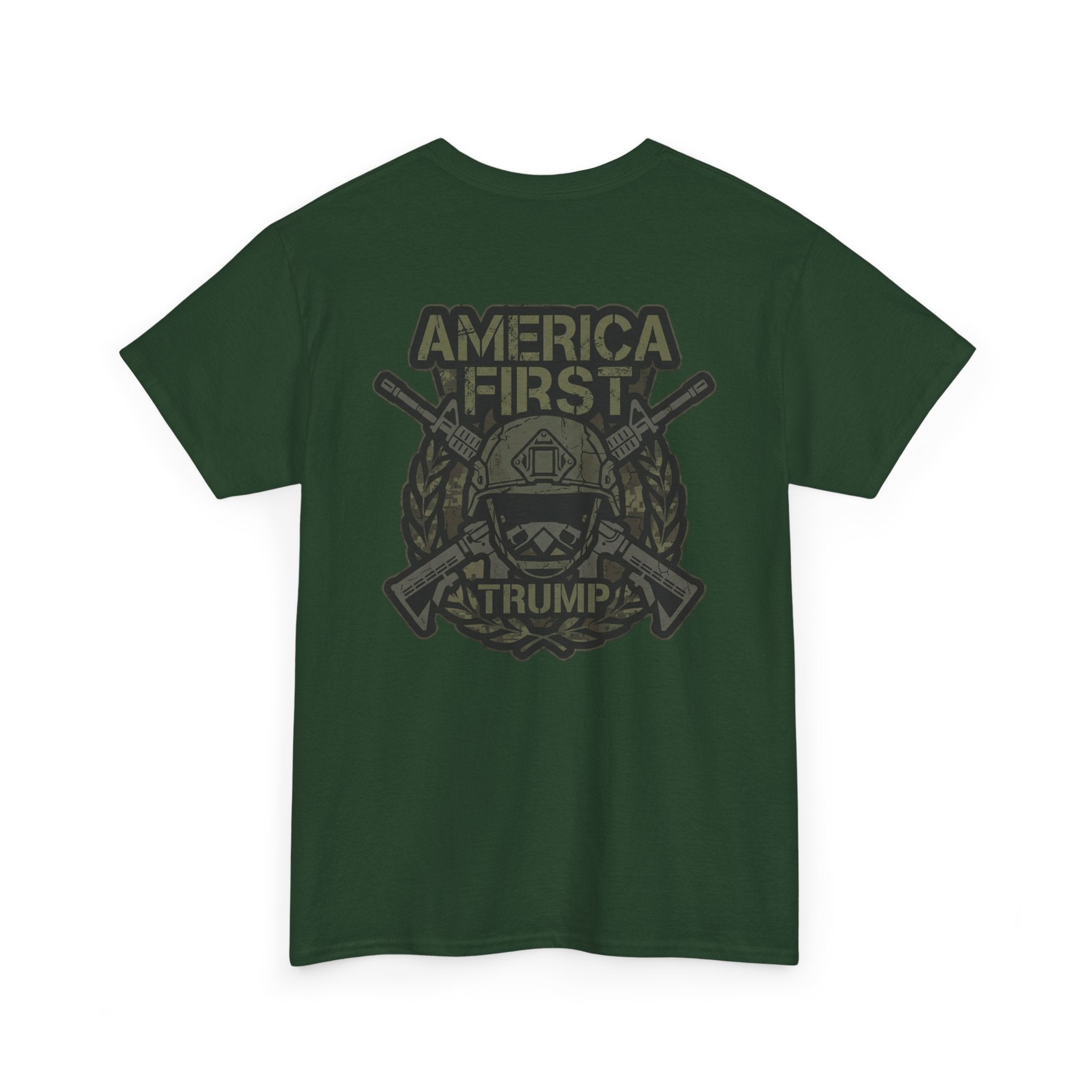 America First Graphic Tee — Patriotic Flag & Crossed Rifles Design