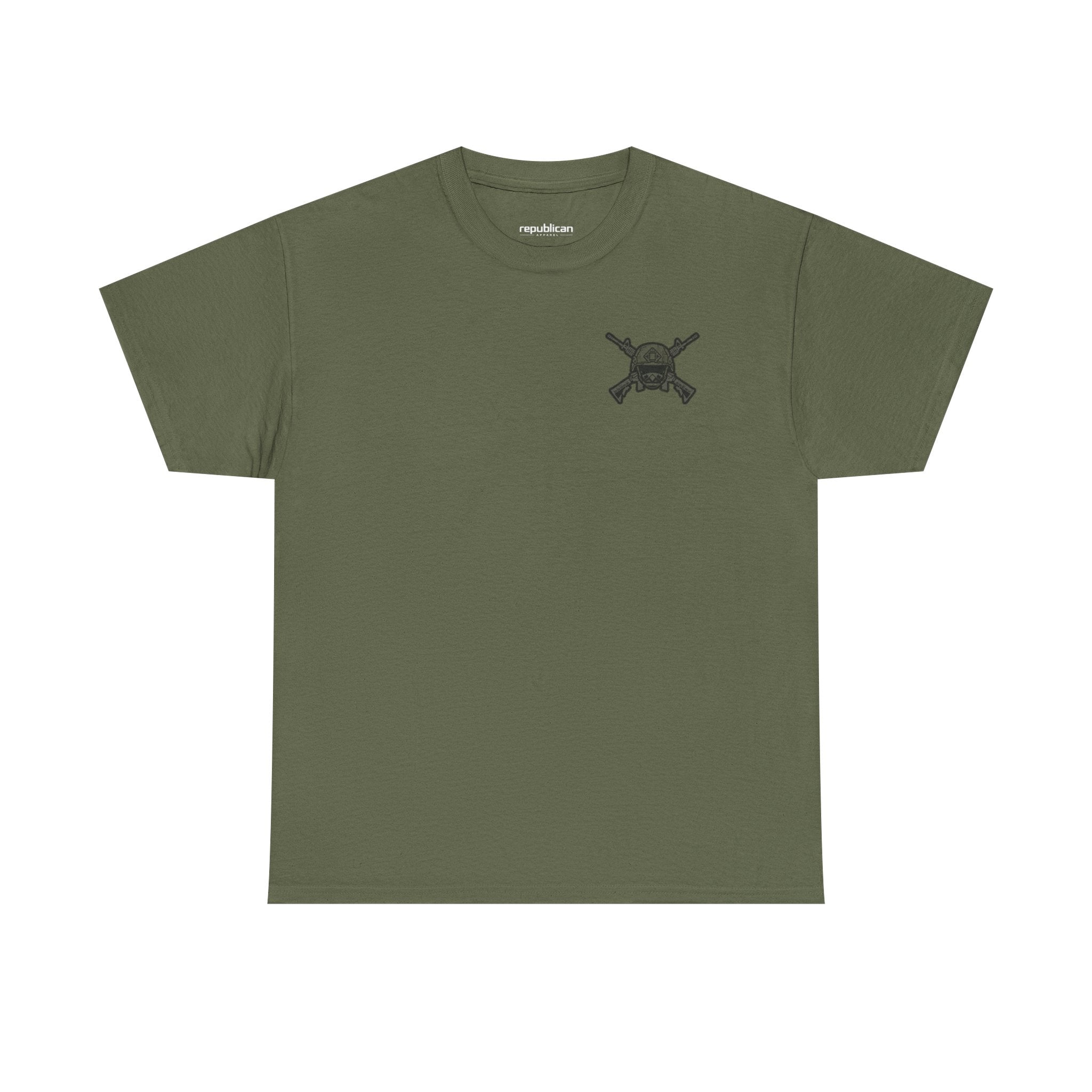 America First Graphic Tee — Patriotic Flag & Crossed Rifles Design
