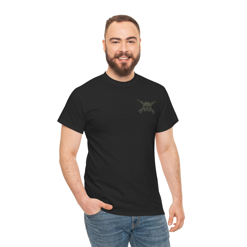 America First Graphic Tee — Patriotic Flag & Crossed Rifles Design