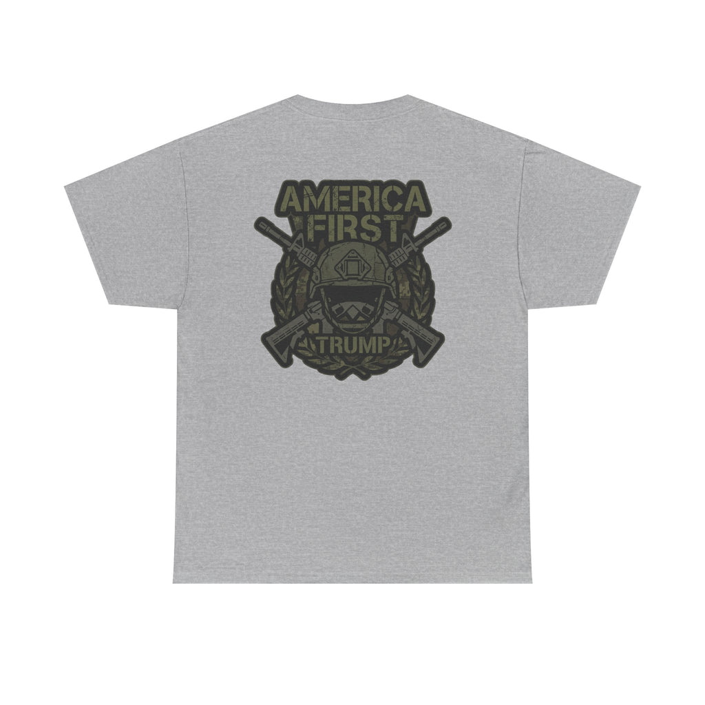 America First Graphic Tee — Patriotic Flag & Crossed Rifles Design