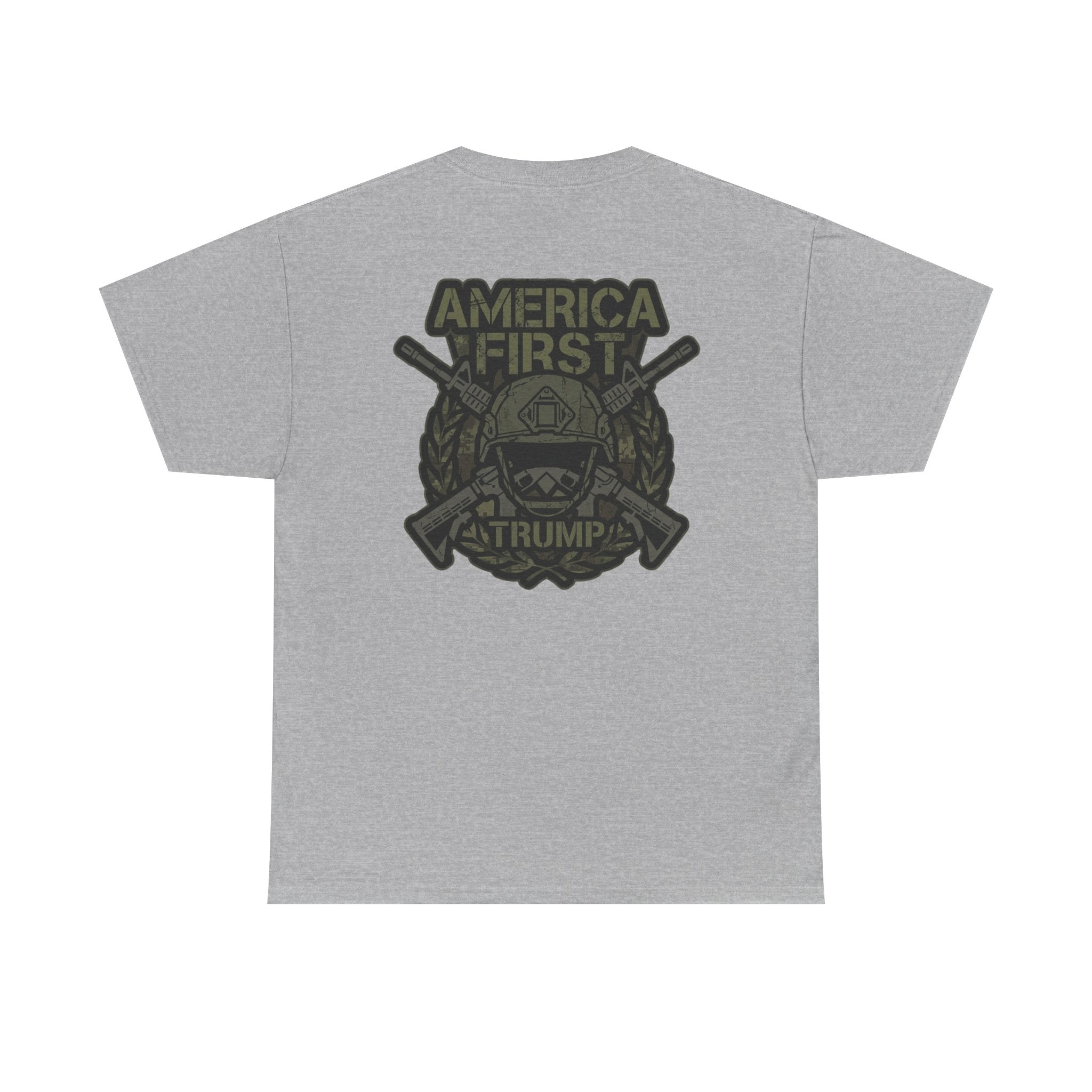 America First Graphic Tee — Patriotic Flag & Crossed Rifles Design