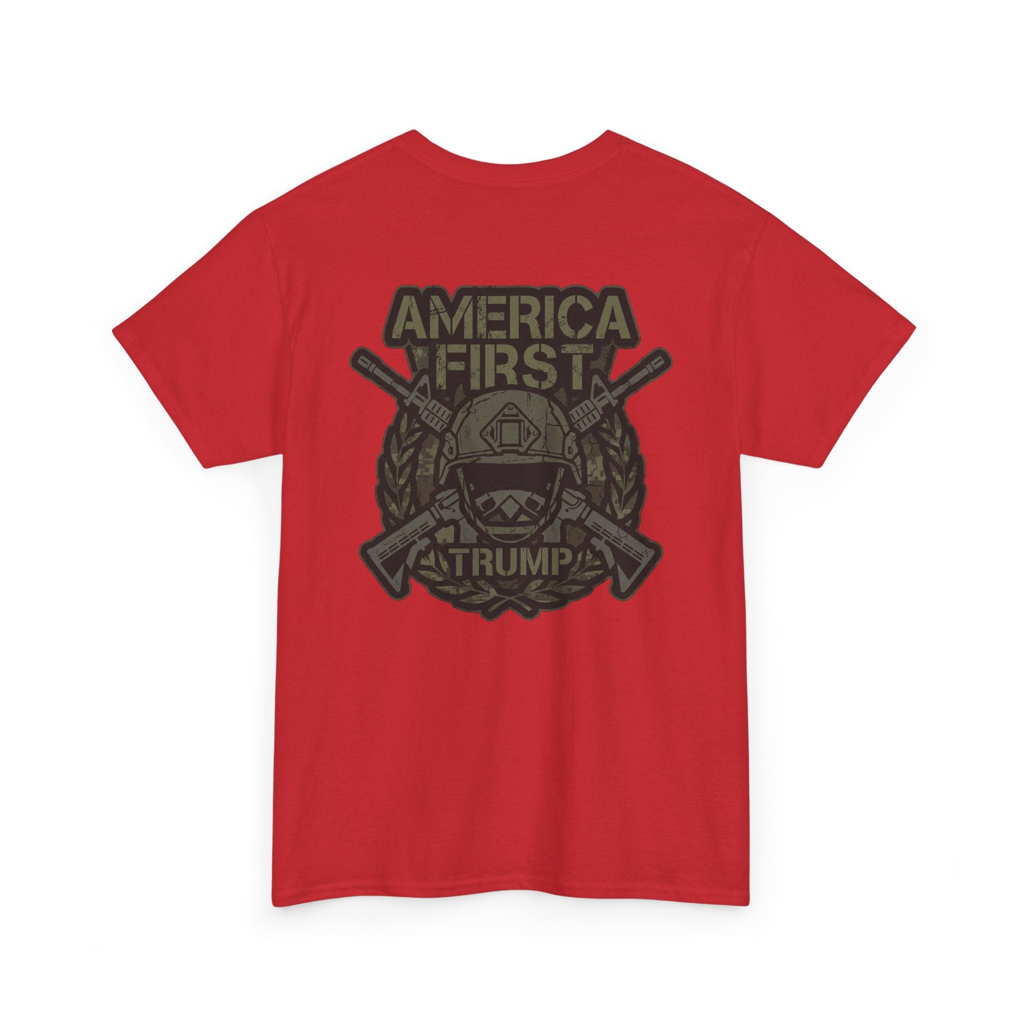 America First Graphic Tee — Patriotic Flag & Crossed Rifles Design