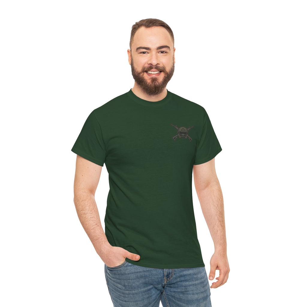 America First Graphic Tee — Patriotic Flag & Crossed Rifles Design