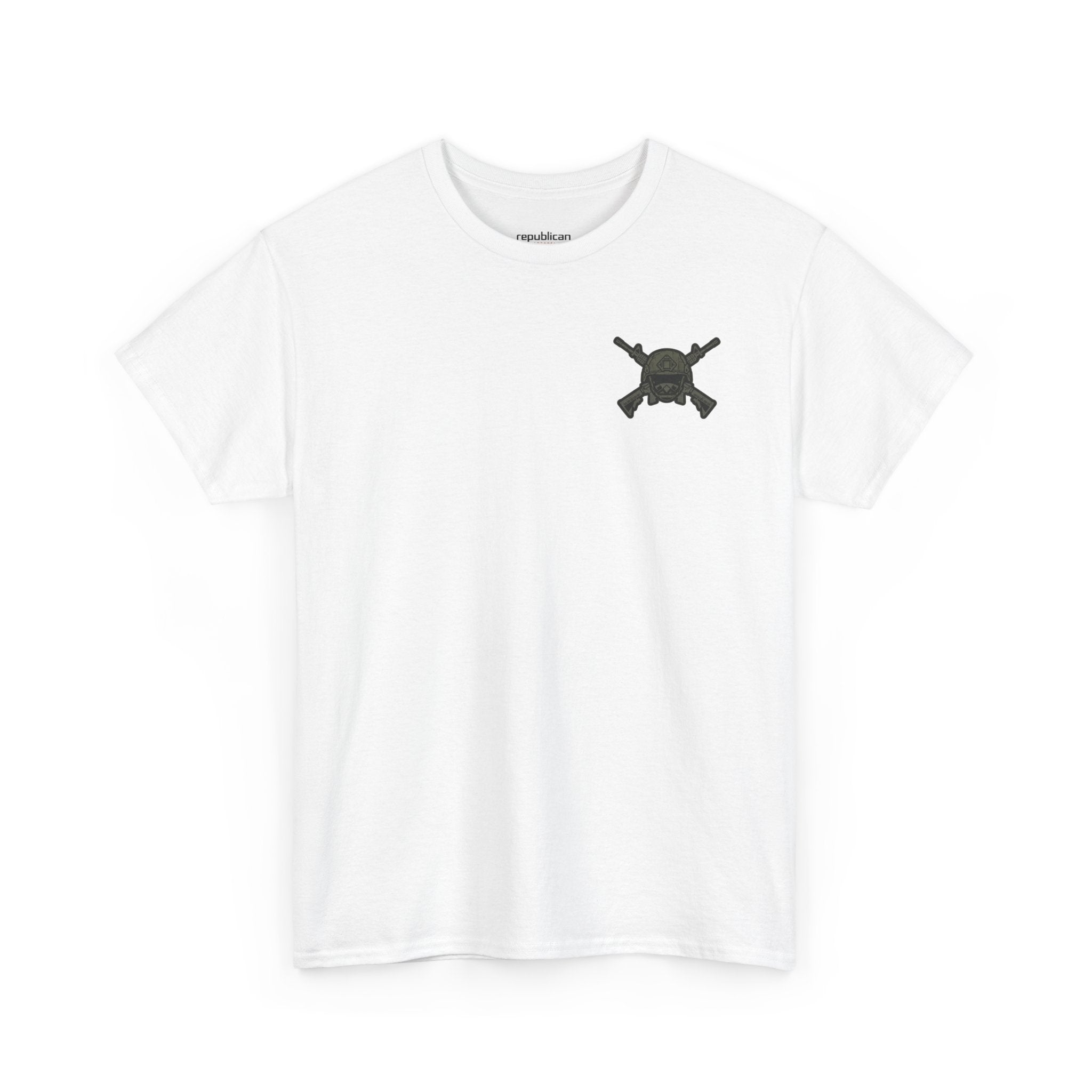 America First Graphic Tee — Patriotic Flag & Crossed Rifles Design