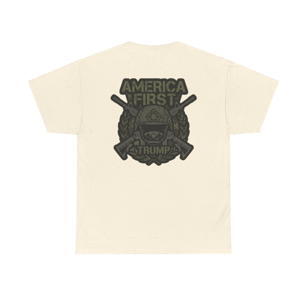 America First Graphic Tee — Patriotic Flag & Crossed Rifles Design