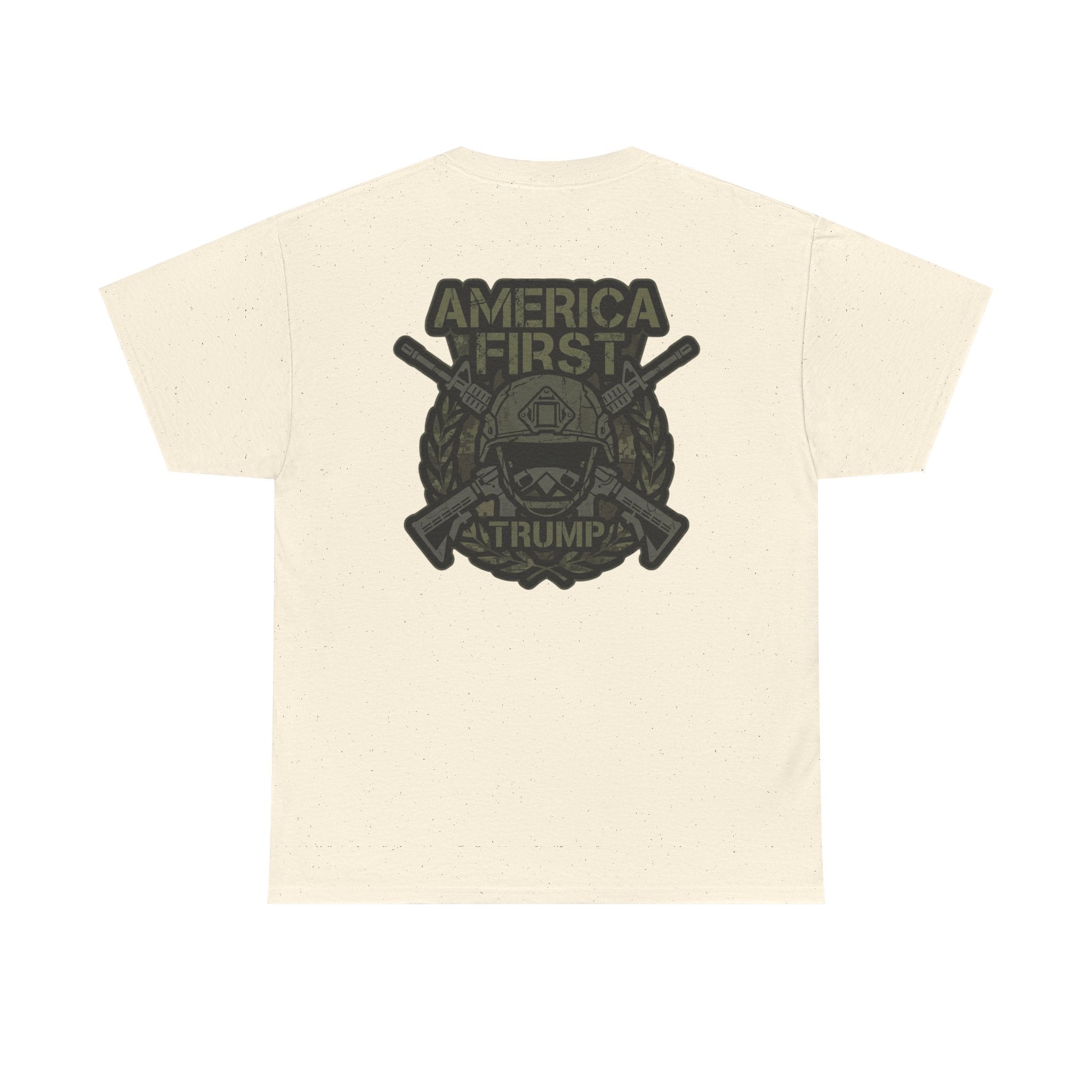 America First Graphic Tee — Patriotic Flag & Crossed Rifles Design