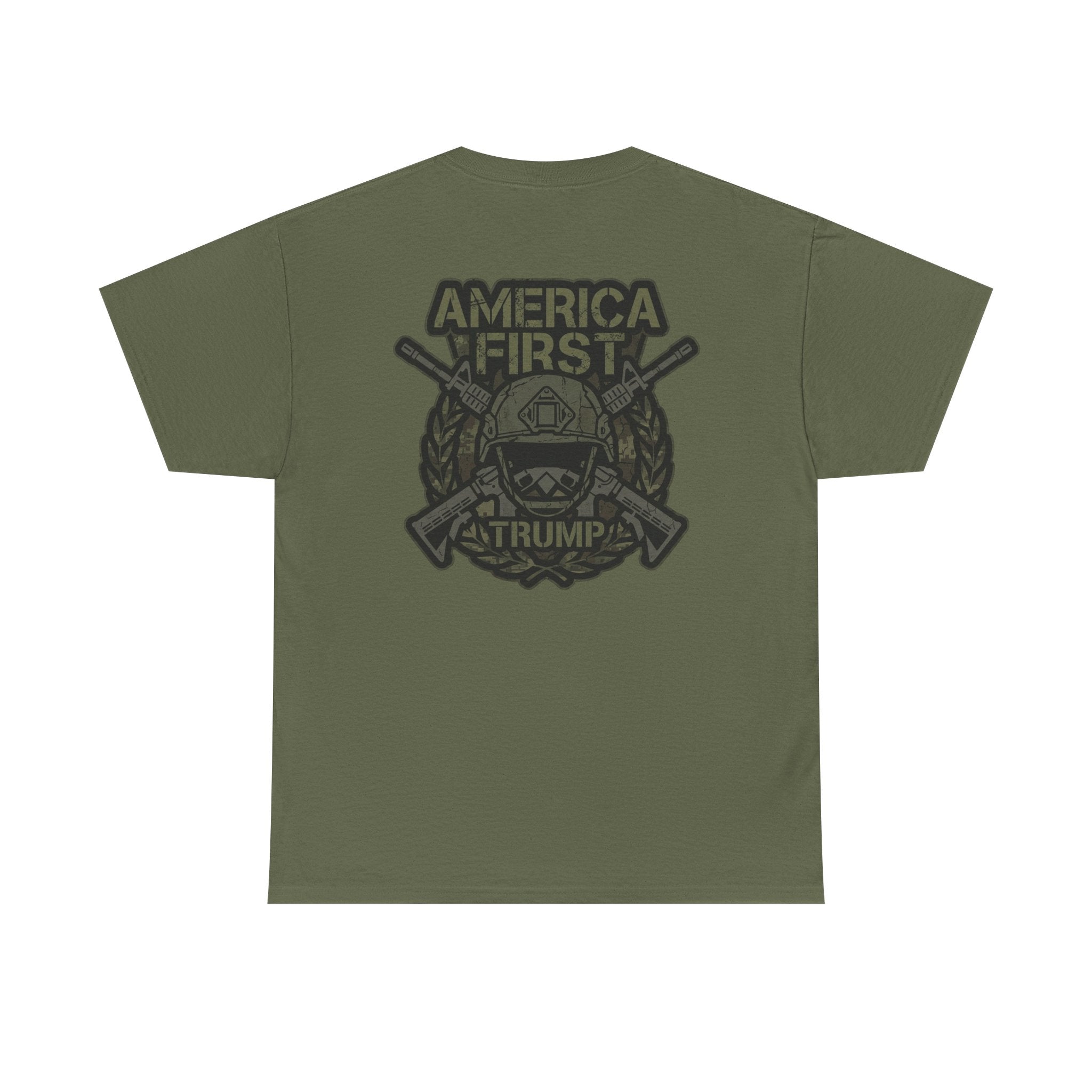 America First Graphic Tee — Patriotic Flag & Crossed Rifles Design