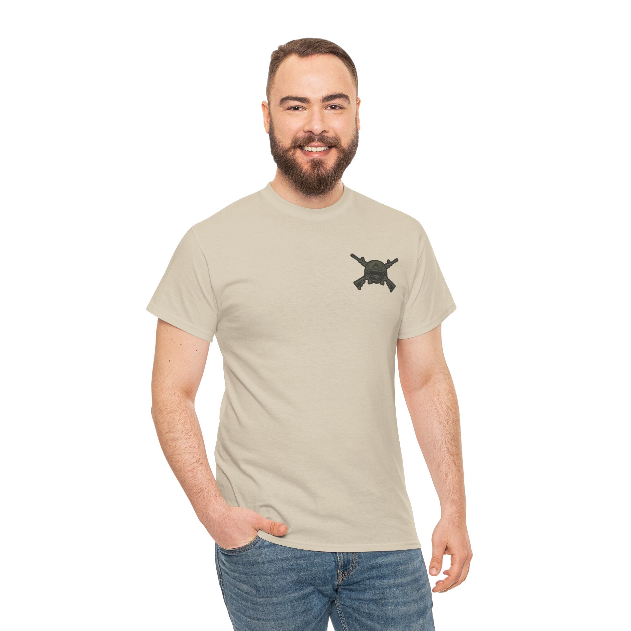 America First Graphic Tee — Patriotic Flag & Crossed Rifles Design