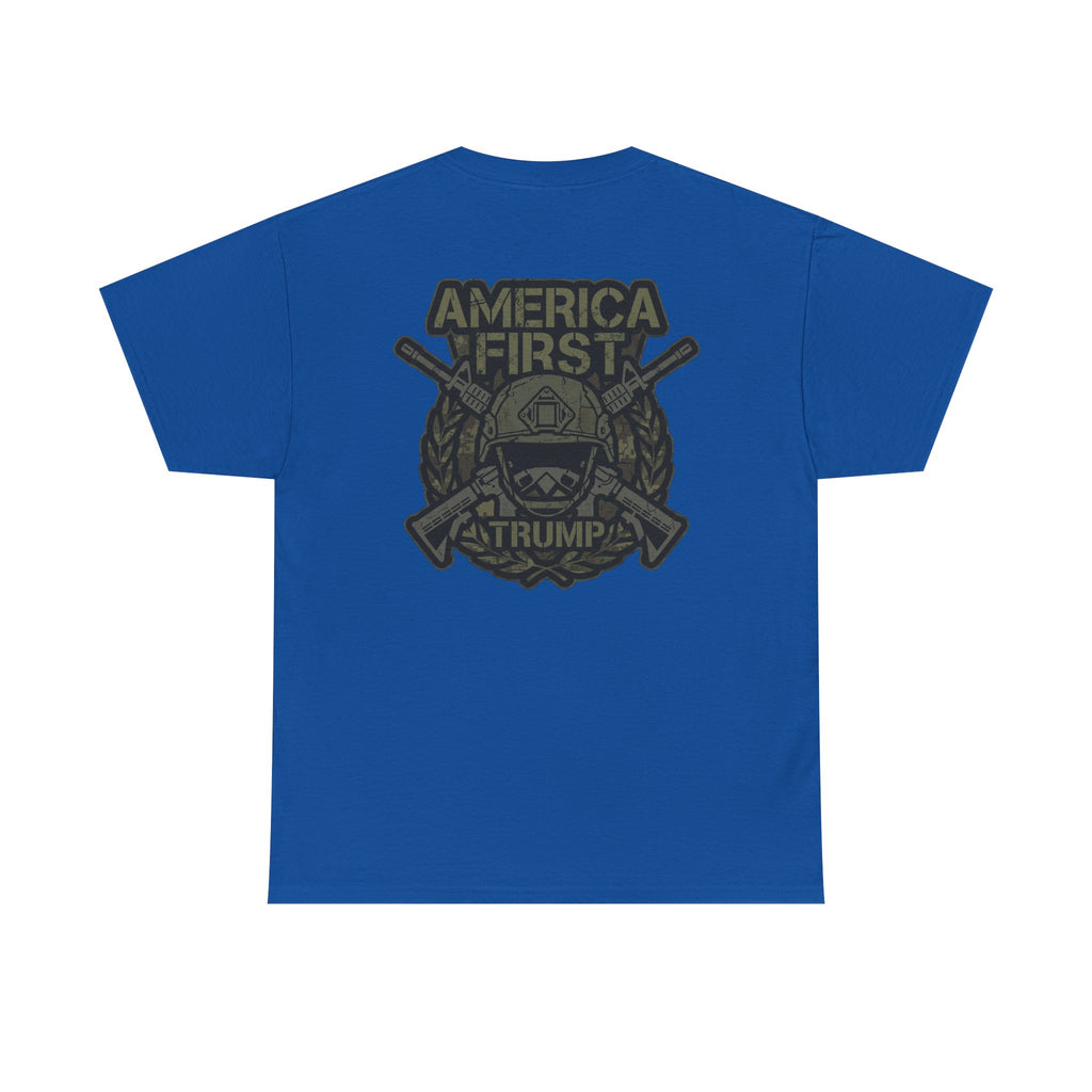 America First Graphic Tee — Patriotic Flag & Crossed Rifles Design