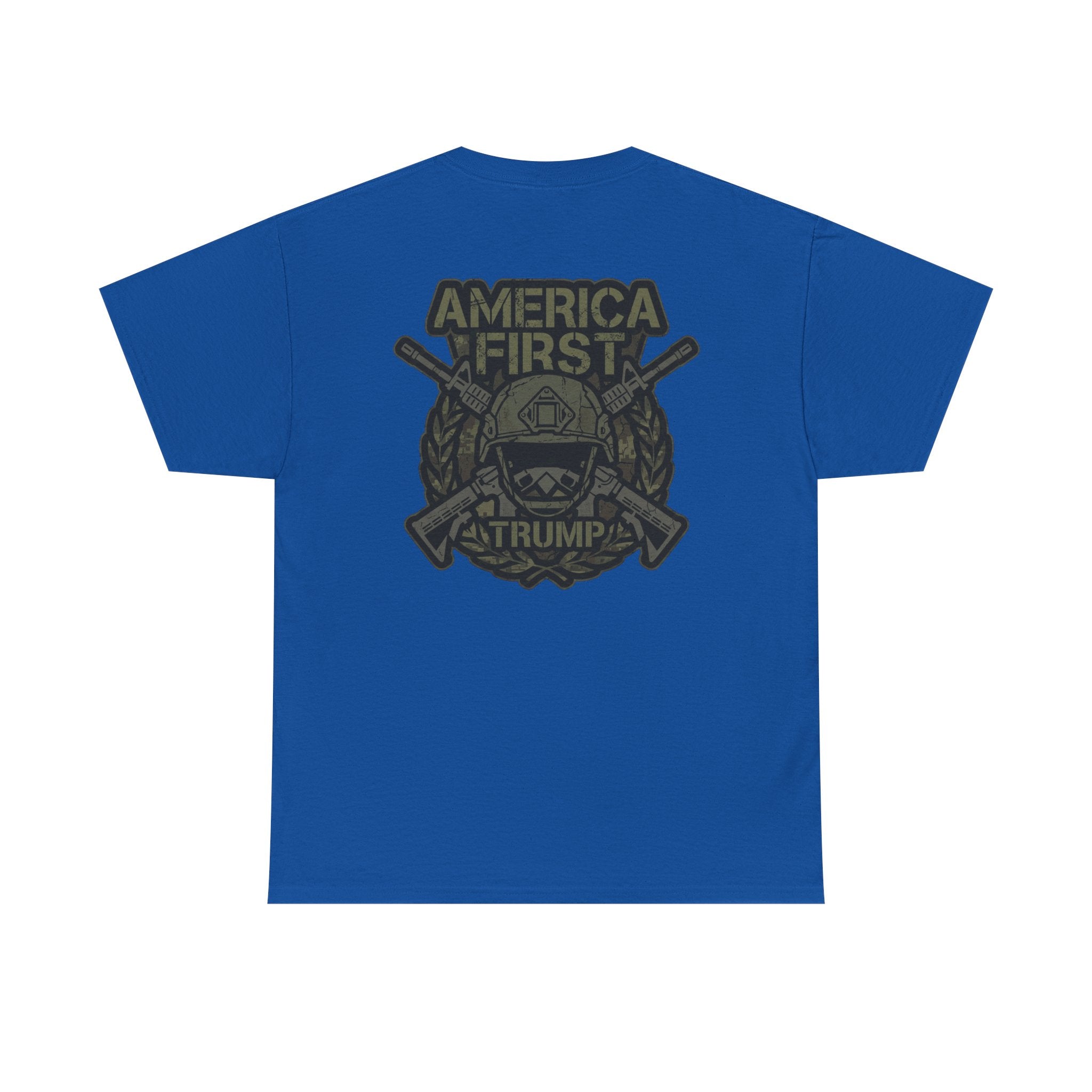 America First Graphic Tee — Patriotic Flag & Crossed Rifles Design