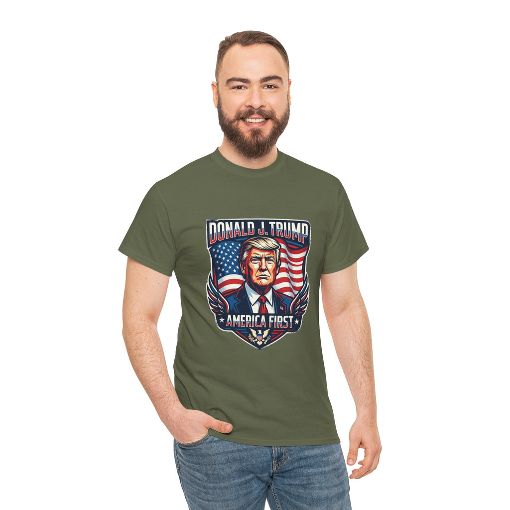 Political Graphic Tee — "America First" Patriotic President Portrait T‑Shirt