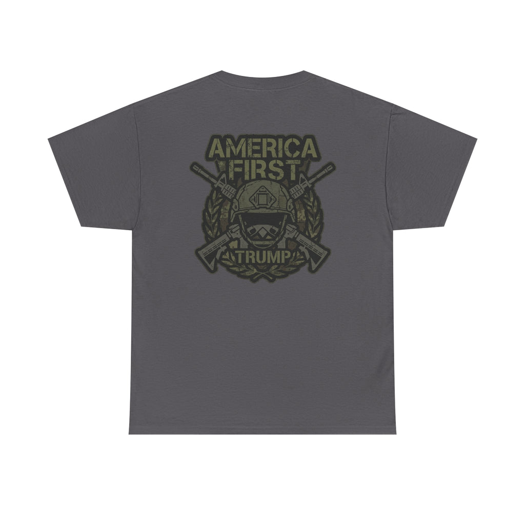 America First Graphic Tee — Patriotic Flag & Crossed Rifles Design