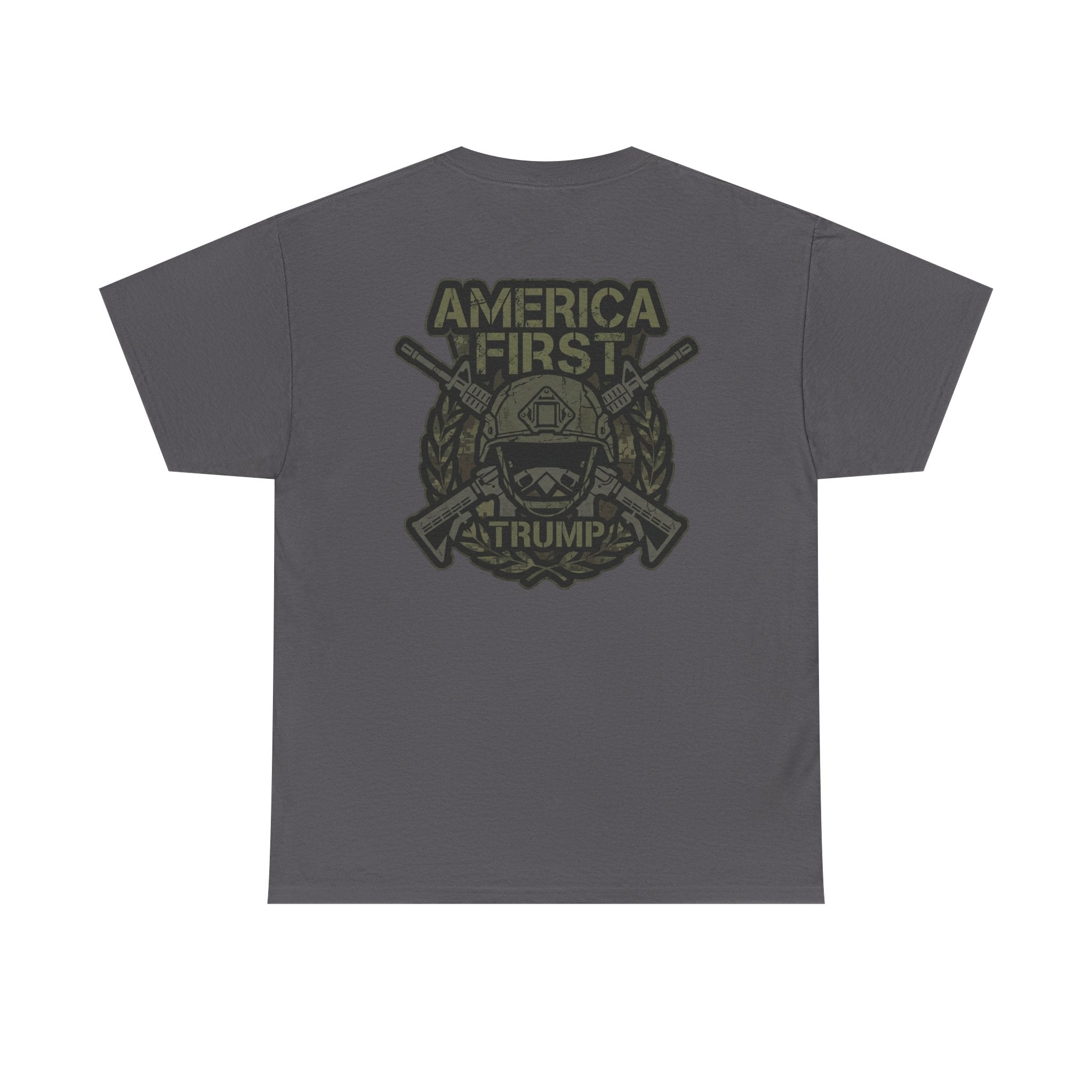 America First Graphic Tee — Patriotic Flag & Crossed Rifles Design