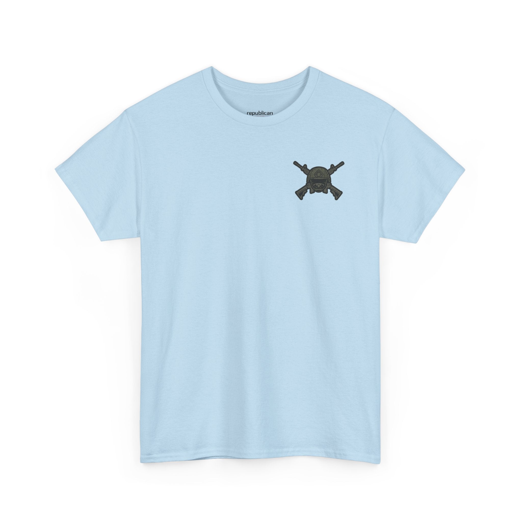 America First Graphic Tee — Patriotic Flag & Crossed Rifles Design