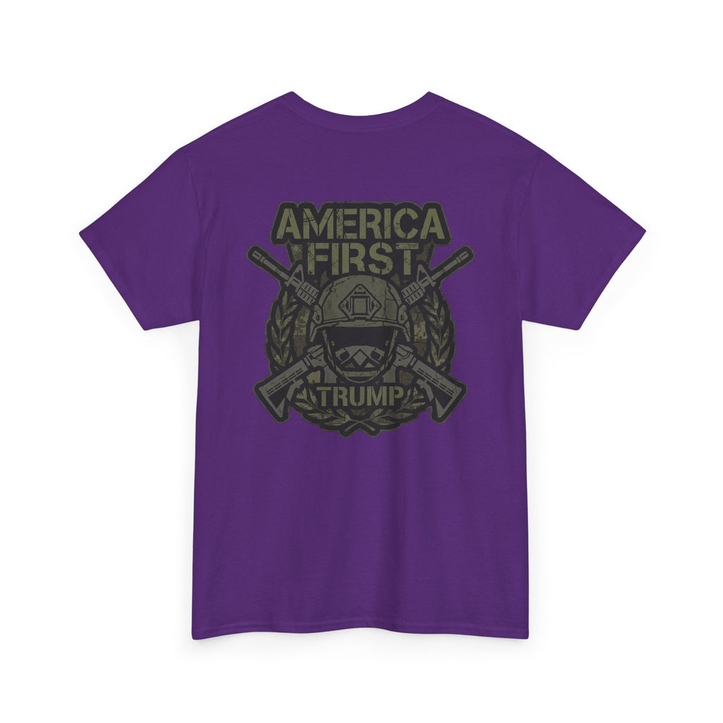 America First Graphic Tee — Patriotic Flag & Crossed Rifles Design