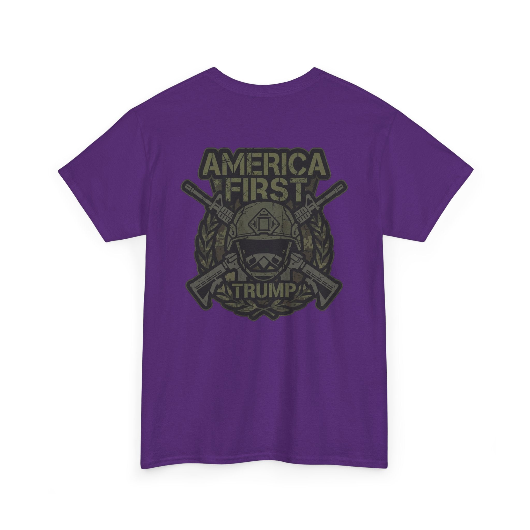 America First Graphic Tee — Patriotic Flag & Crossed Rifles Design