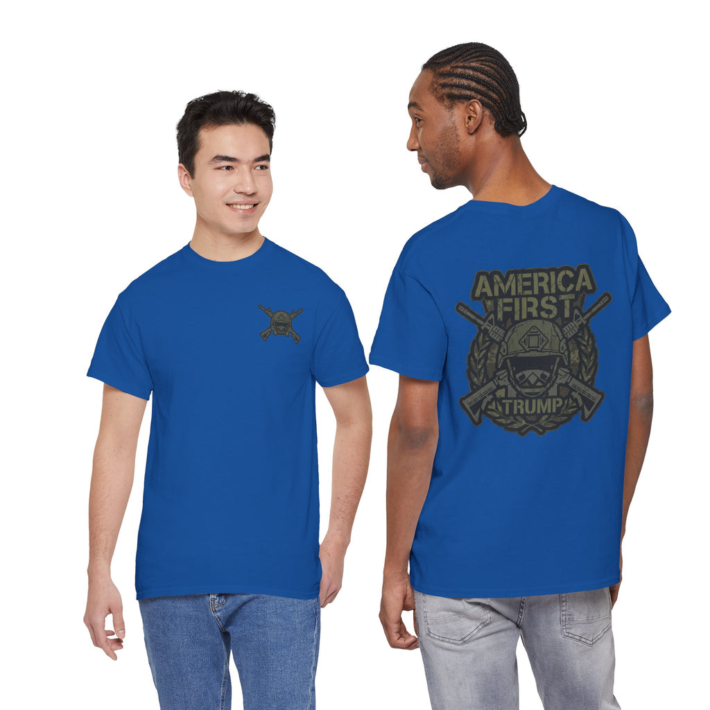 America First Graphic Tee — Patriotic Flag & Crossed Rifles Design