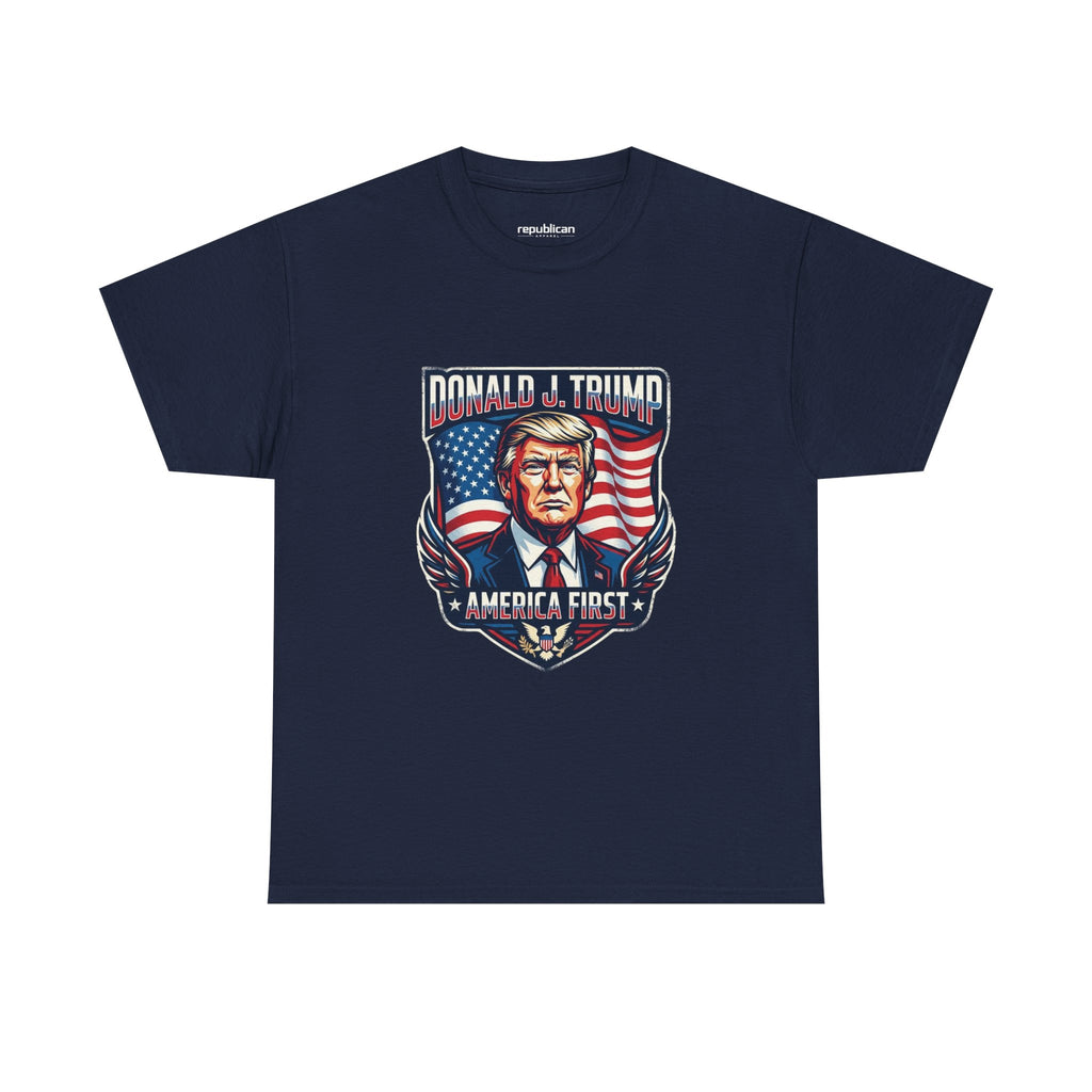 Political Graphic Tee — "America First" Patriotic President Portrait T‑Shirt