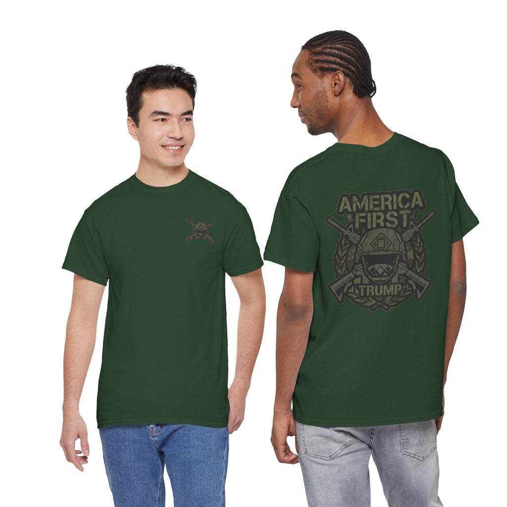 America First Graphic Tee — Patriotic Flag & Crossed Rifles Design