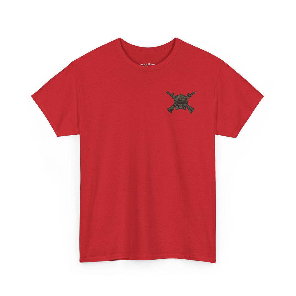 America First Graphic Tee — Patriotic Flag & Crossed Rifles Design