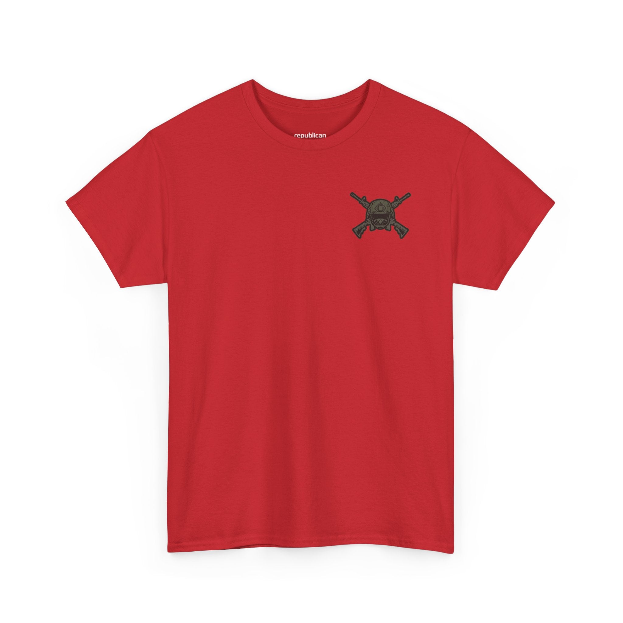 America First Graphic Tee — Patriotic Flag & Crossed Rifles Design