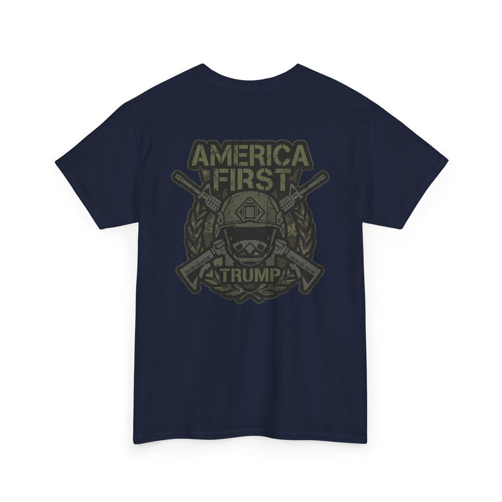 America First Graphic Tee — Patriotic Flag & Crossed Rifles Design