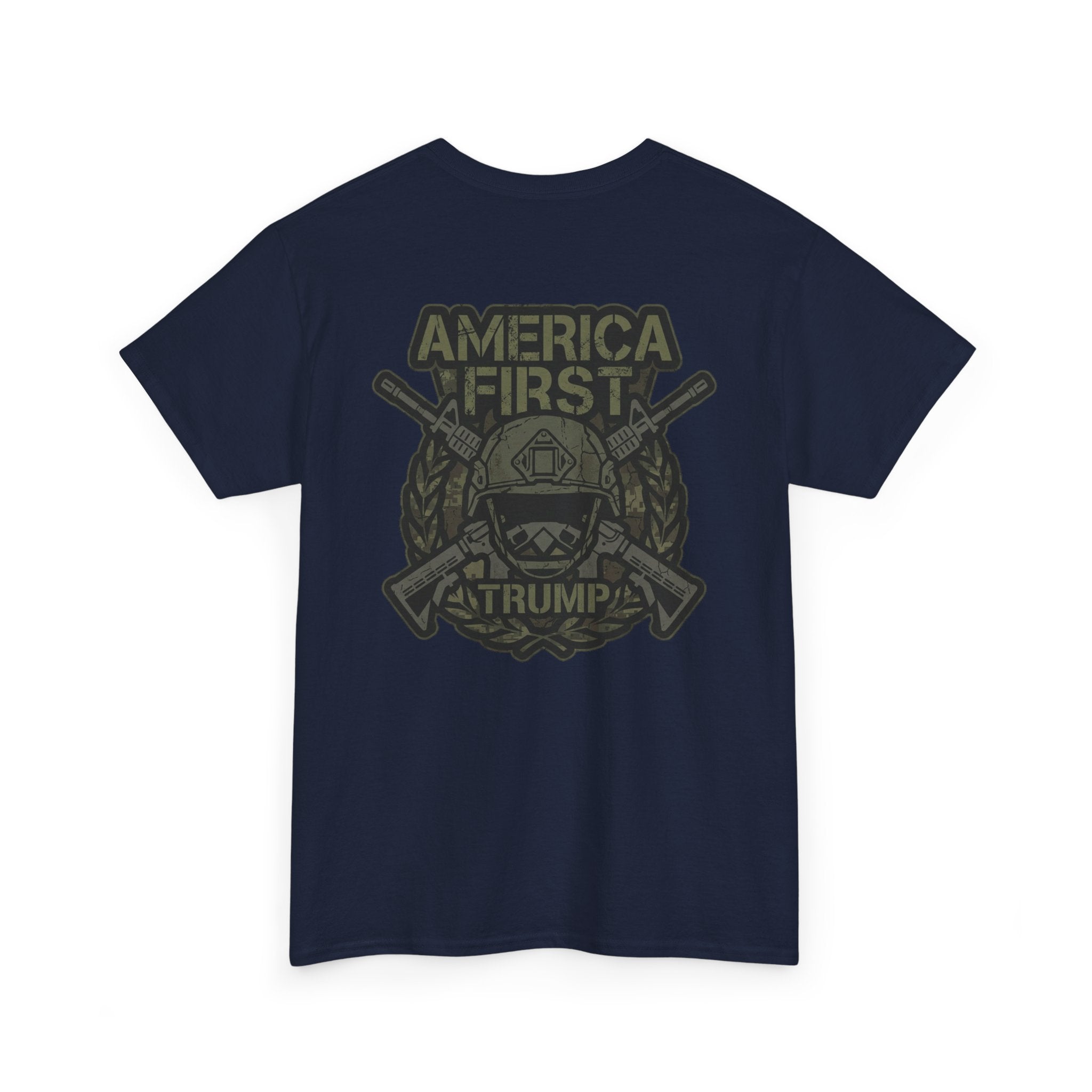 America First Graphic Tee — Patriotic Flag & Crossed Rifles Design