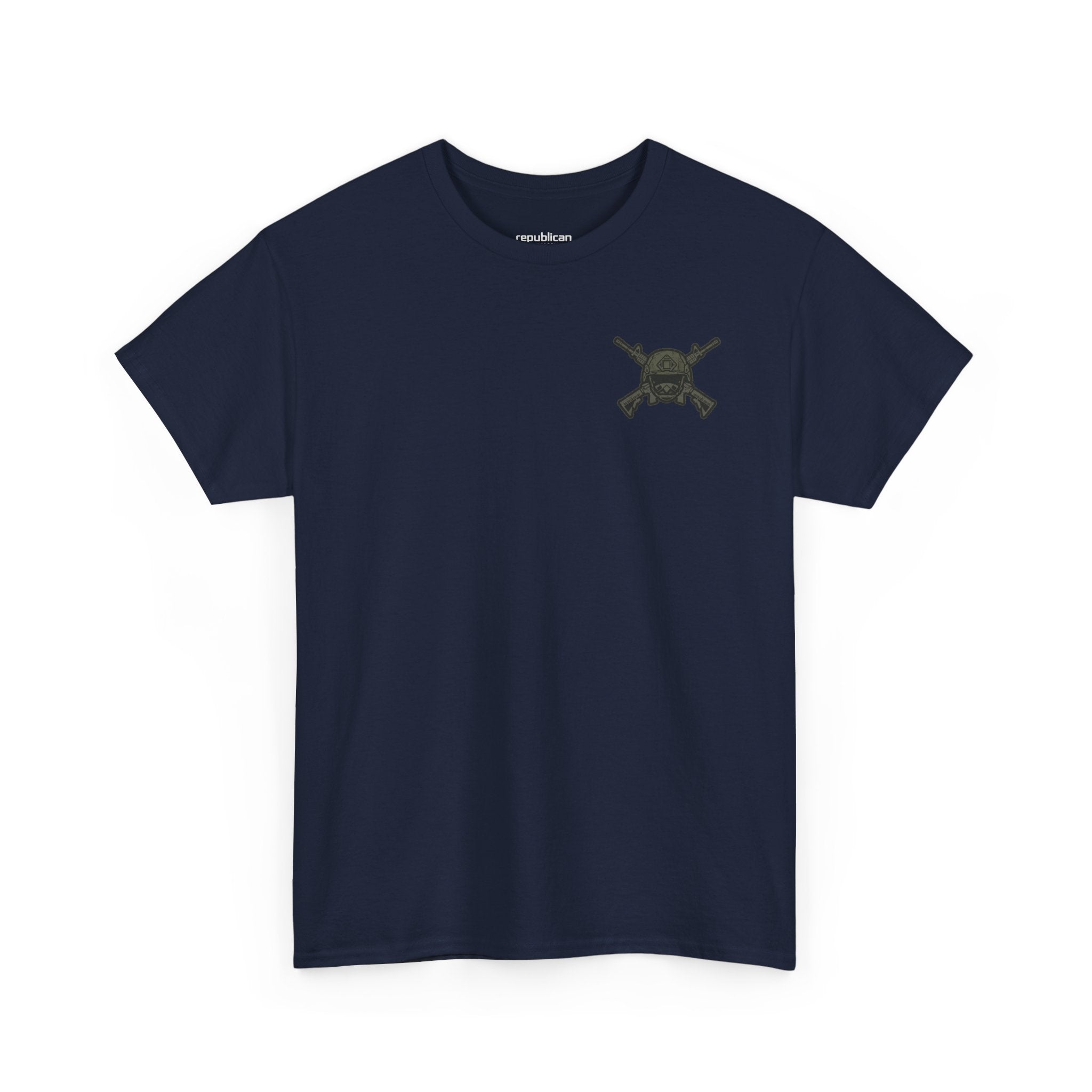 America First Graphic Tee — Patriotic Flag & Crossed Rifles Design