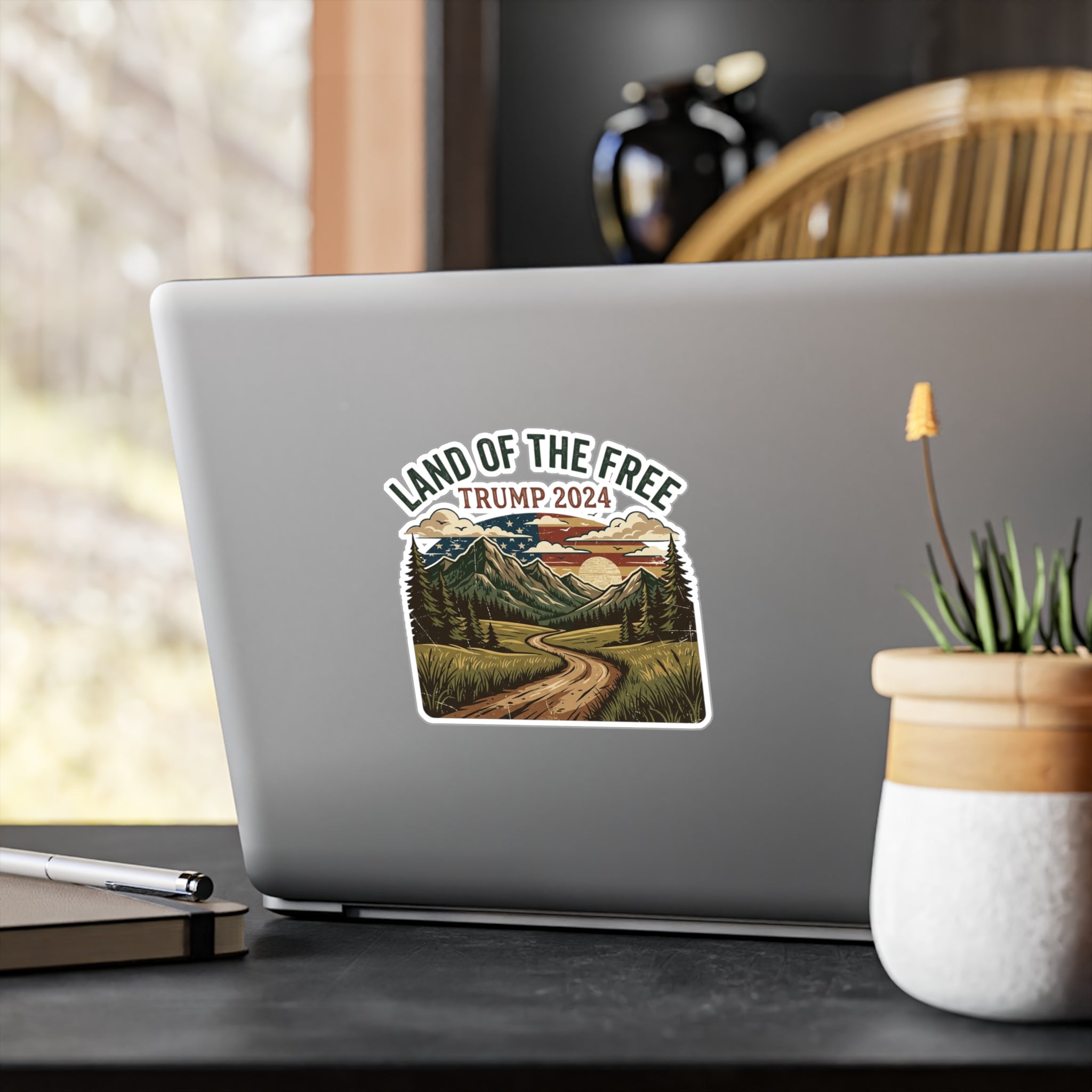 Land of the Free Trump 2024 Vinyl Sticker — Scenic Outdoor Kiss-Cut Decal
