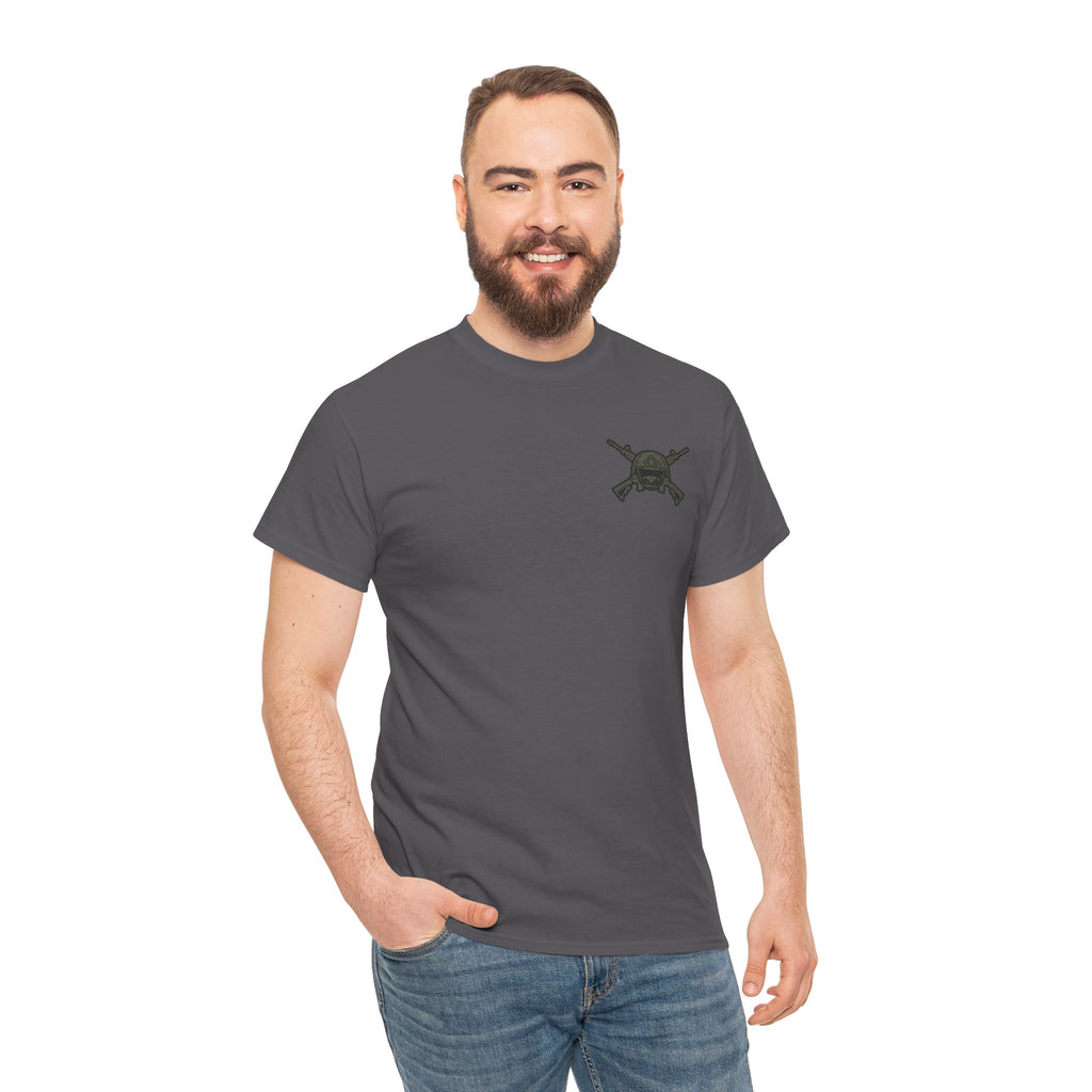 America First Graphic Tee — Patriotic Flag & Crossed Rifles Design