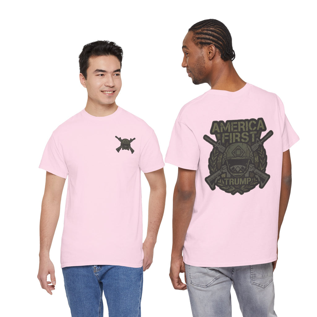 America First Graphic Tee — Patriotic Flag & Crossed Rifles Design