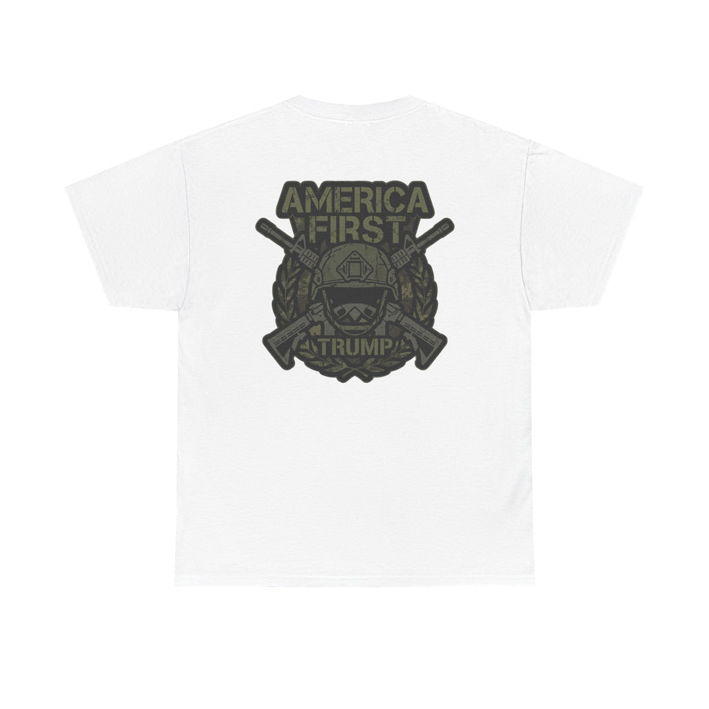 America First Graphic Tee — Patriotic Flag & Crossed Rifles Design