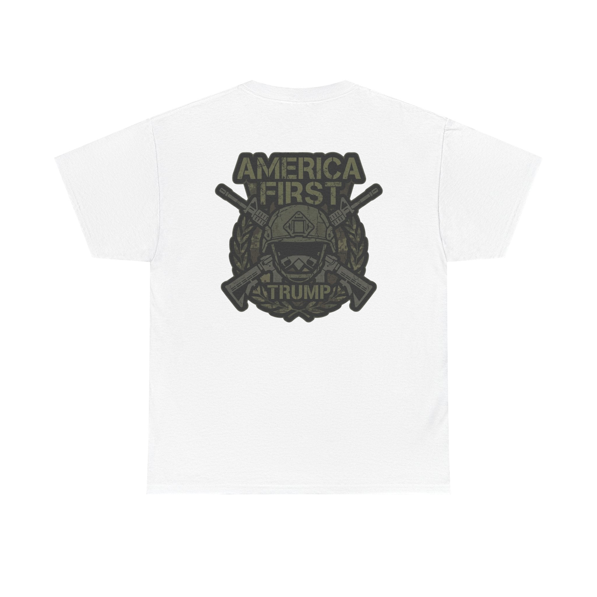America First Graphic Tee — Patriotic Flag & Crossed Rifles Design
