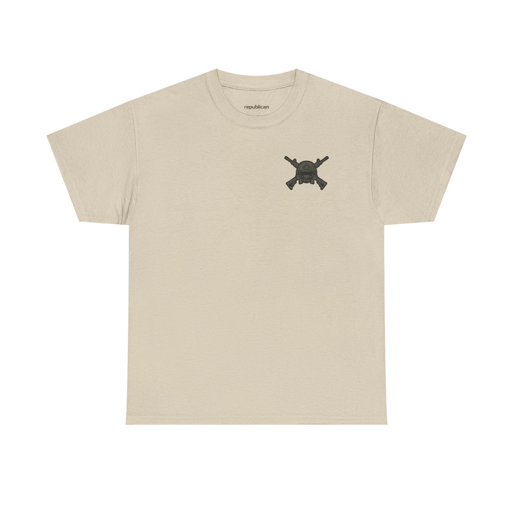 America First Graphic Tee — Patriotic Flag & Crossed Rifles Design