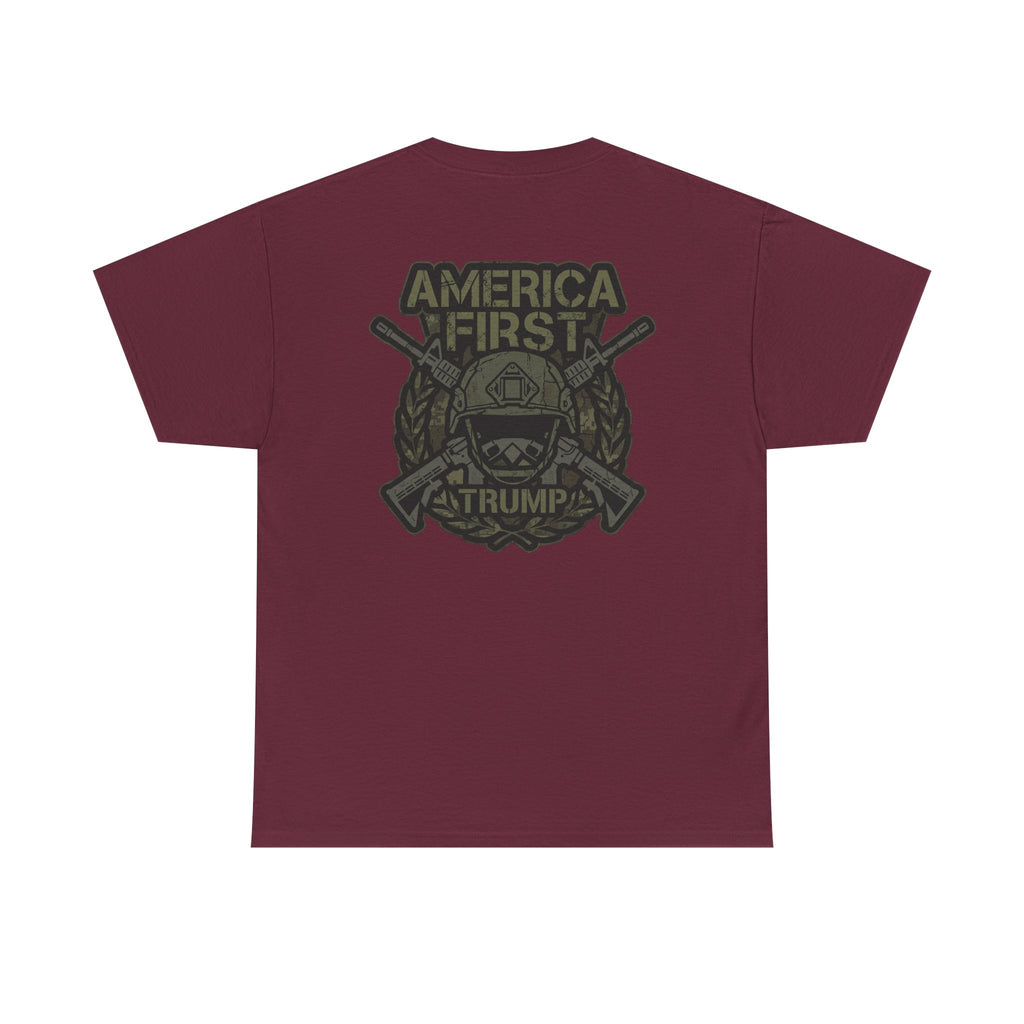 America First Graphic Tee — Patriotic Flag & Crossed Rifles Design