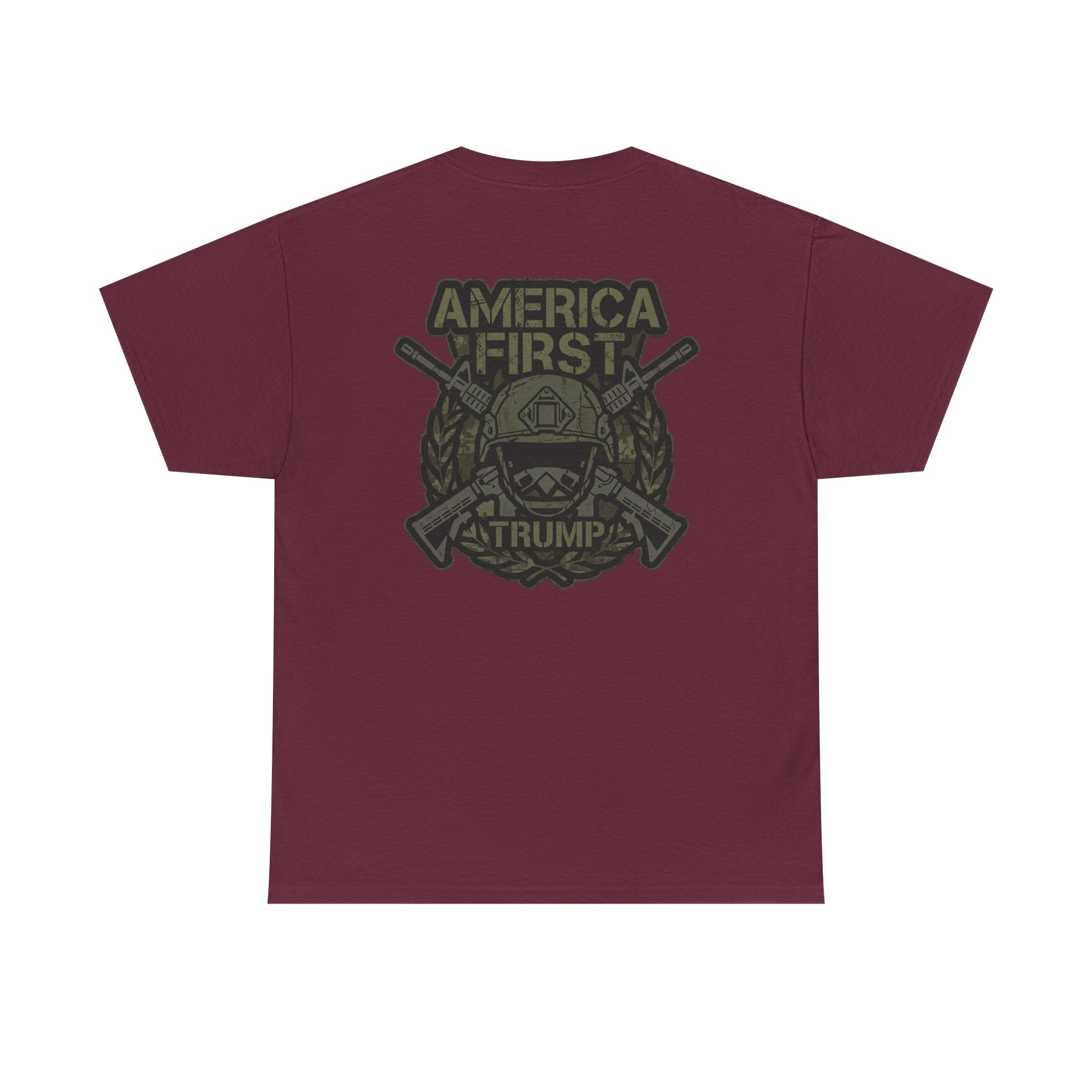 America First Graphic Tee — Patriotic Flag & Crossed Rifles Design